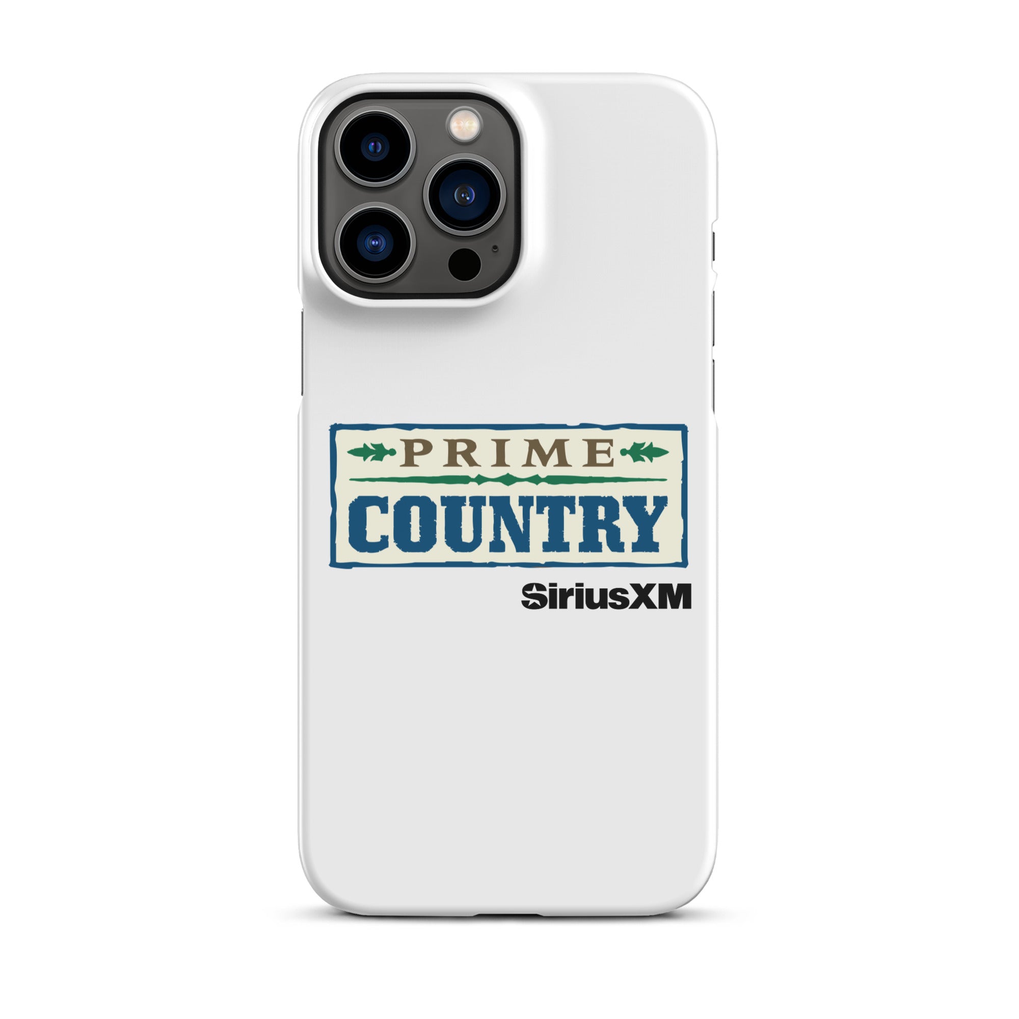 White phone case featuring the 'PRIME COUNTRY' logo and 'SiriusXM' branding.