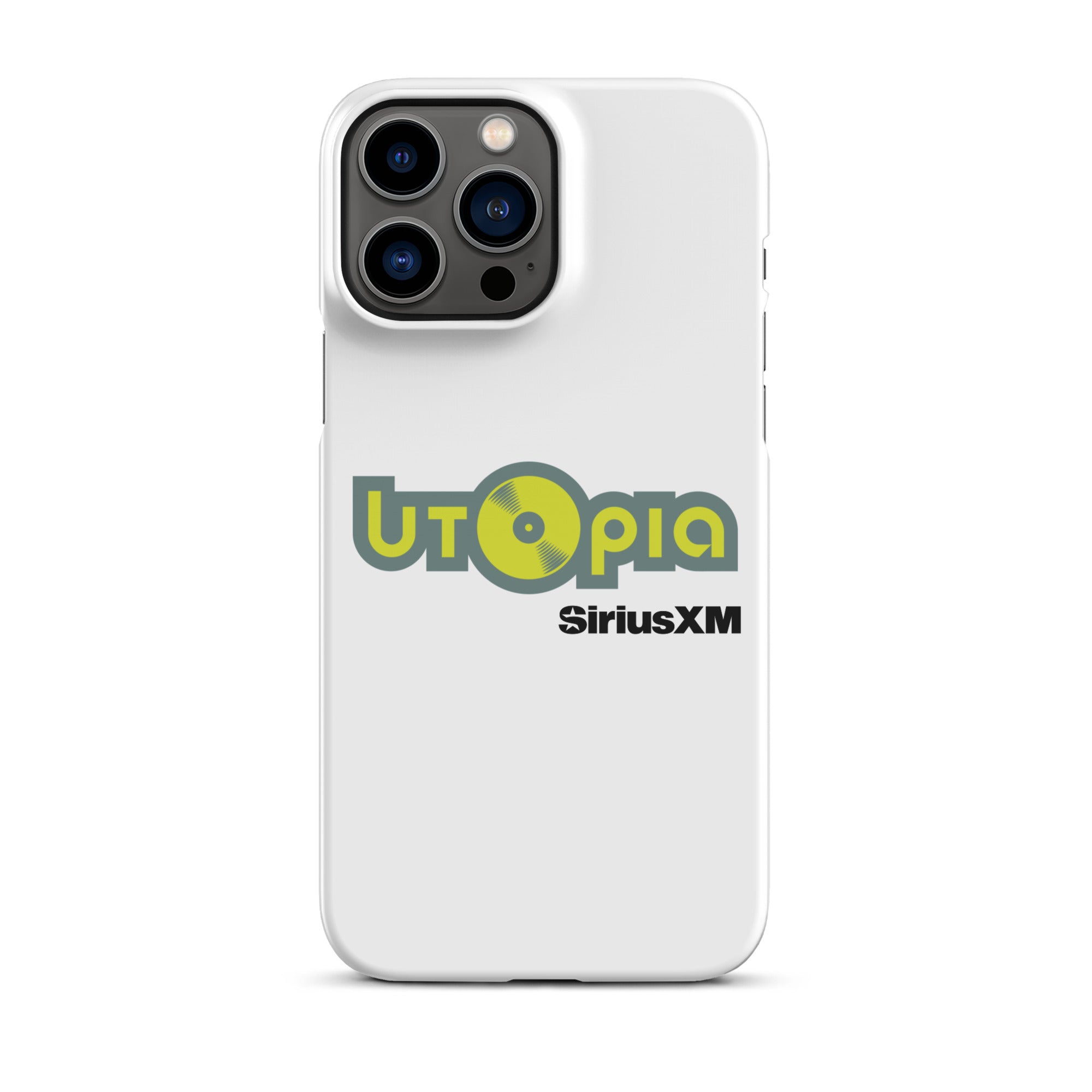 White phone case featuring the logo 'Utopia' with a vinyl record and 'SiriusXM' text.