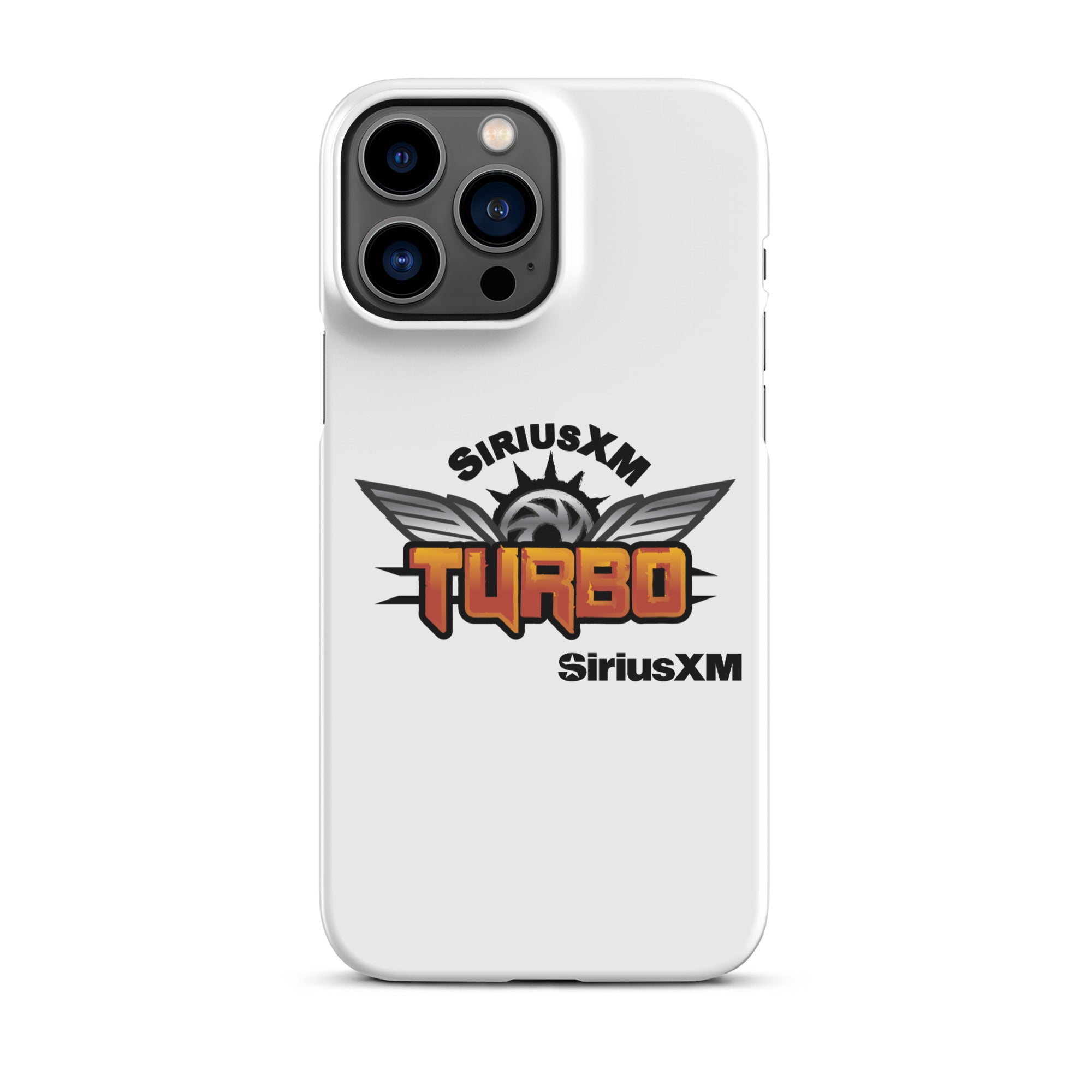 White phone case featuring the 'SiriusXM Turbo' logo in bold orange lettering with wings and 'SiriusXM' branding.