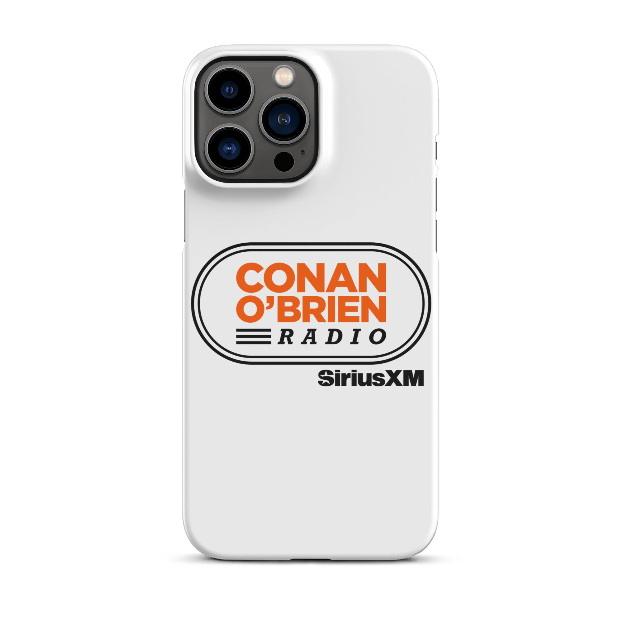 White phone case featuring 'Conan O'Brien Radio' logo and 'SiriusXM' branding.