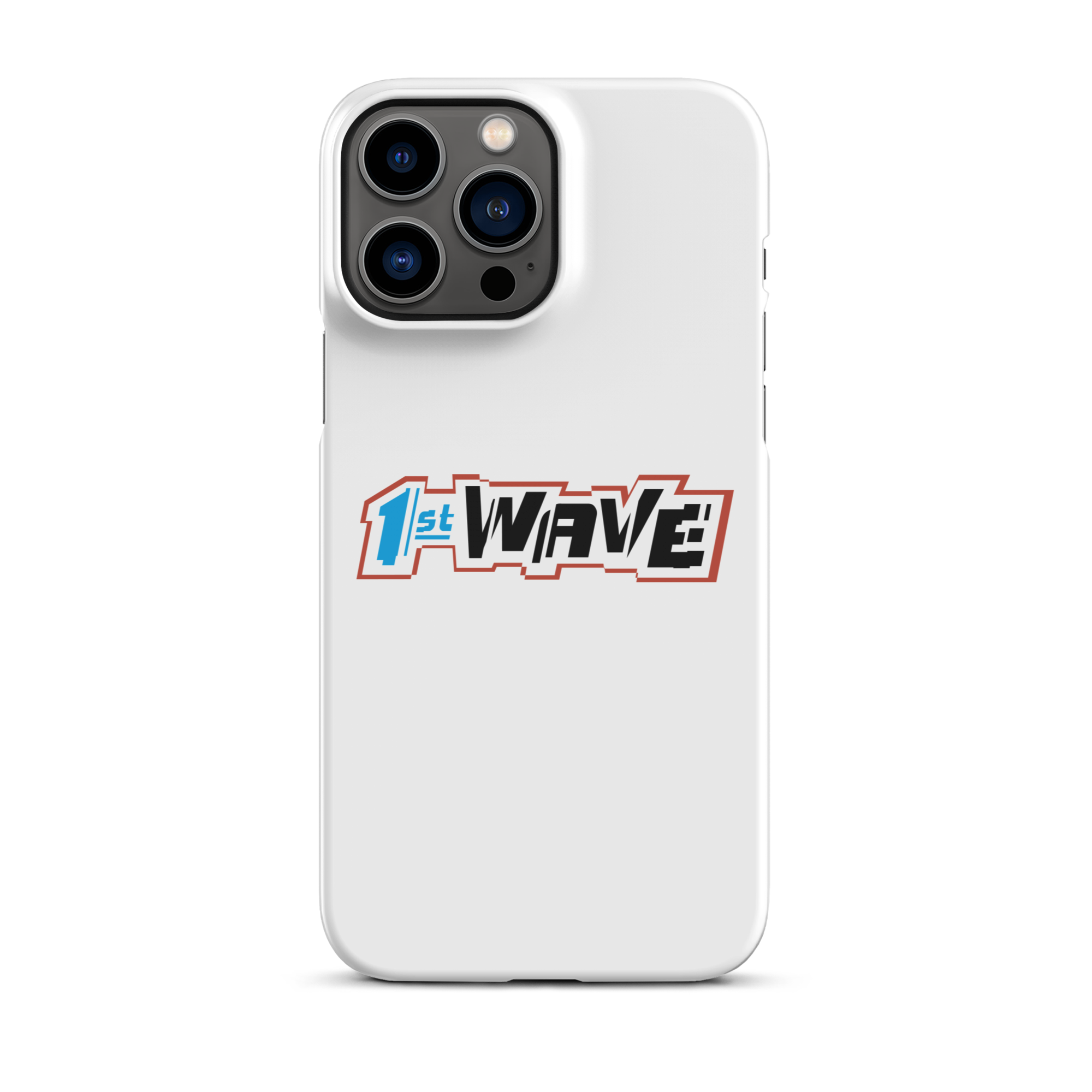 White phone case featuring the text '1st WAVE' in bold, colorful typography on a black background.