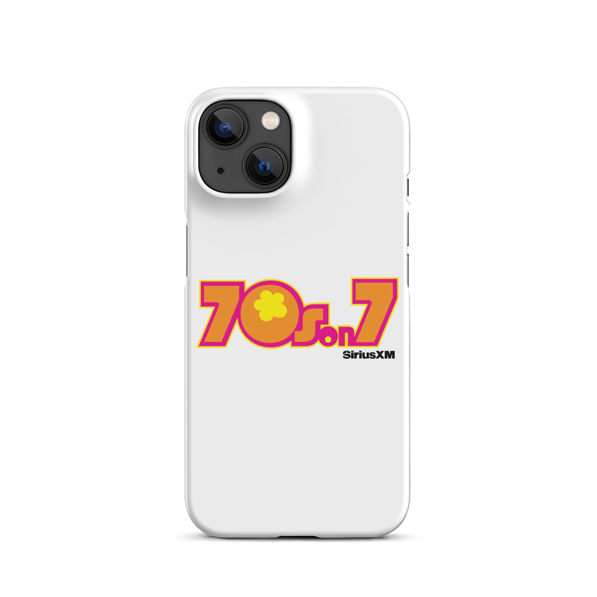 A white phone case featuring a colorful '70s on 7' logo with a flower and the 'SiriusXM' branding.