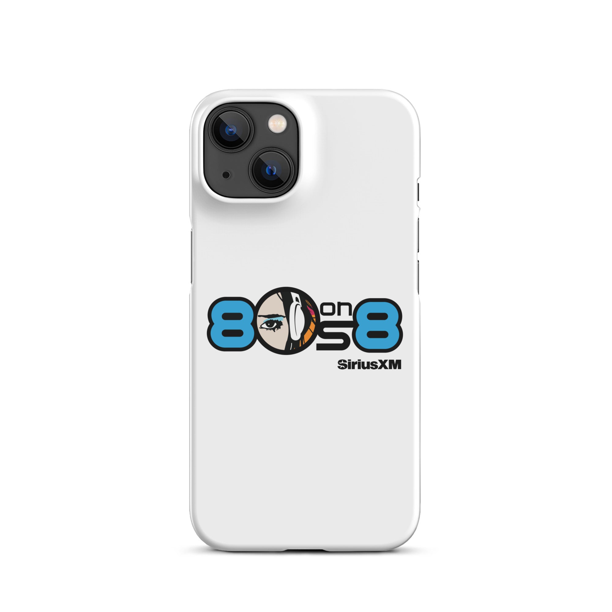 White phone case featuring '80s on 8' logo with a stylized illustration of a person with headphones and 'SiriusXM' branding.