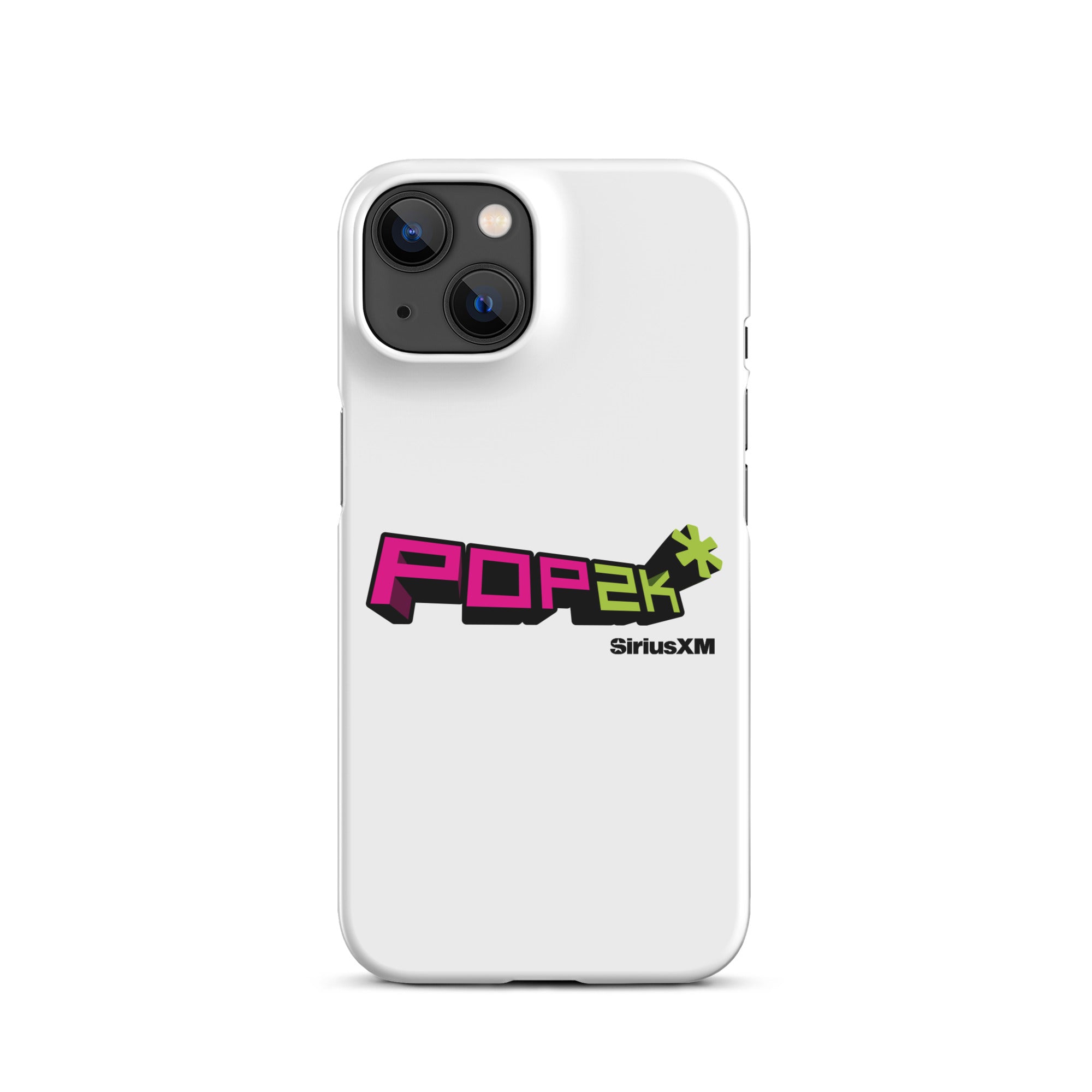 White phone case featuring the 'POP2K' logo in vibrant pink and green colors with 'SiriusXM' branding.