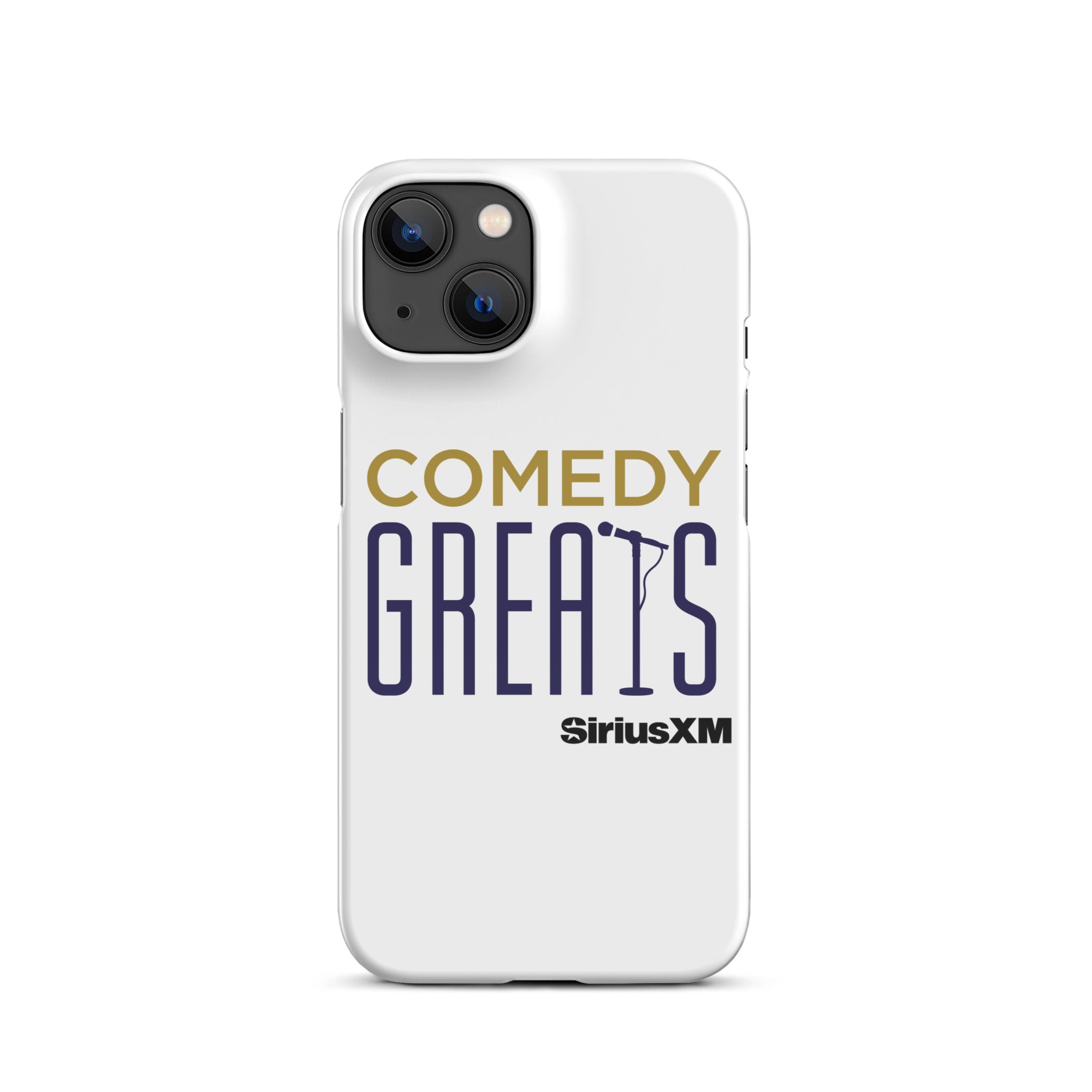 White phone case featuring the text 'COMEDY GREATS' and the 'SiriusXM' logo.