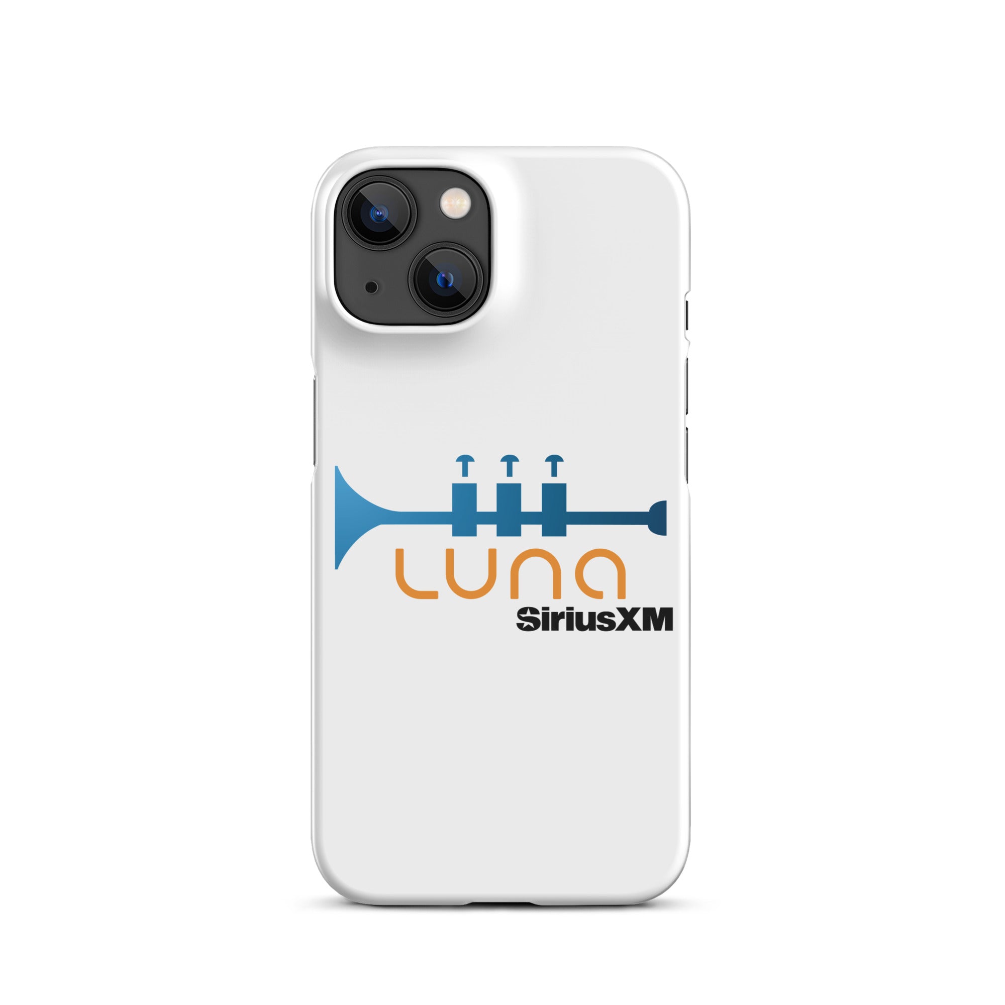 White phone case featuring a blue trumpet graphic in the orange 'LUNA' logo and 'SiriusXM' branding.