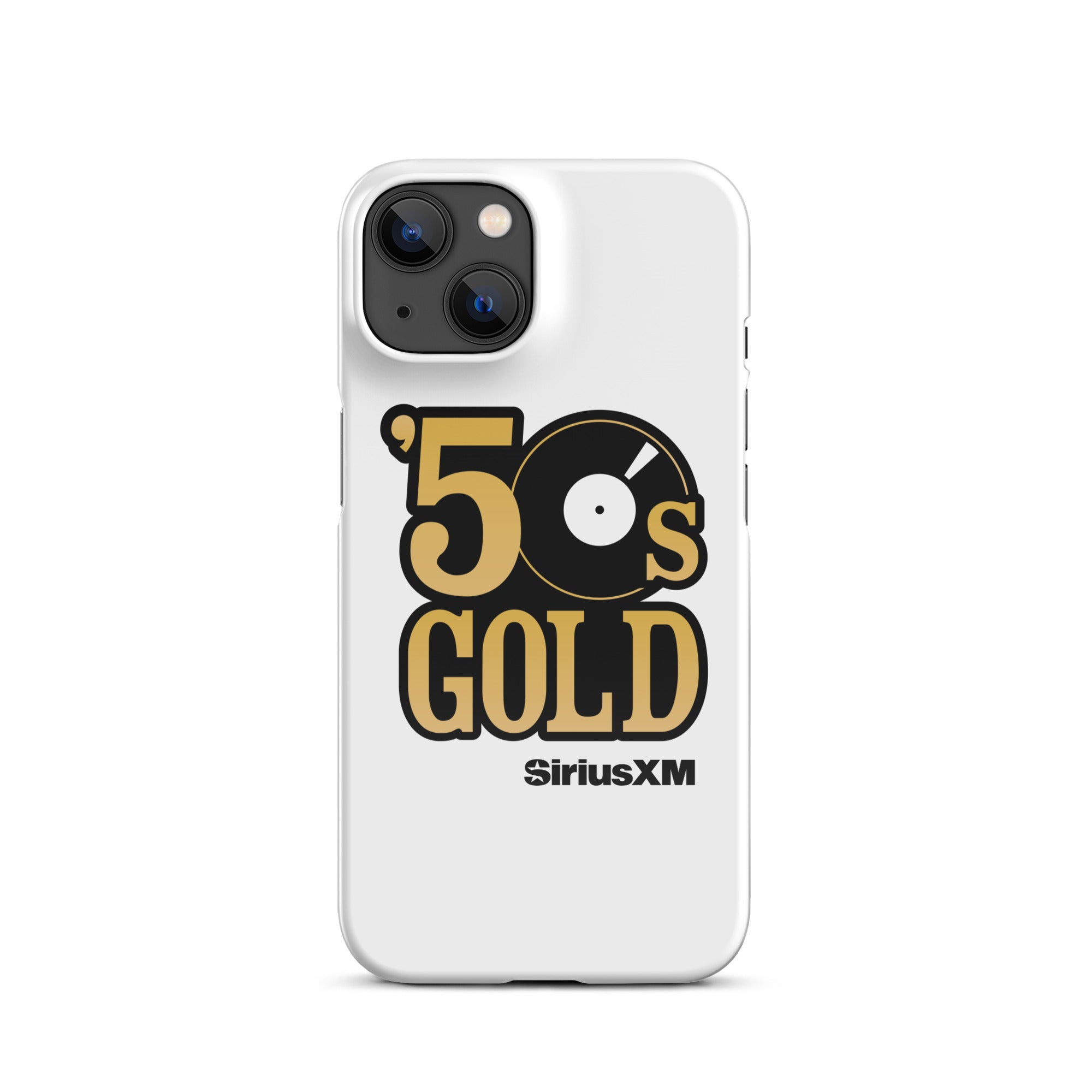 White phone case featuring '50s GOLD' logo with a record icon and 'SiriusXM' branding.