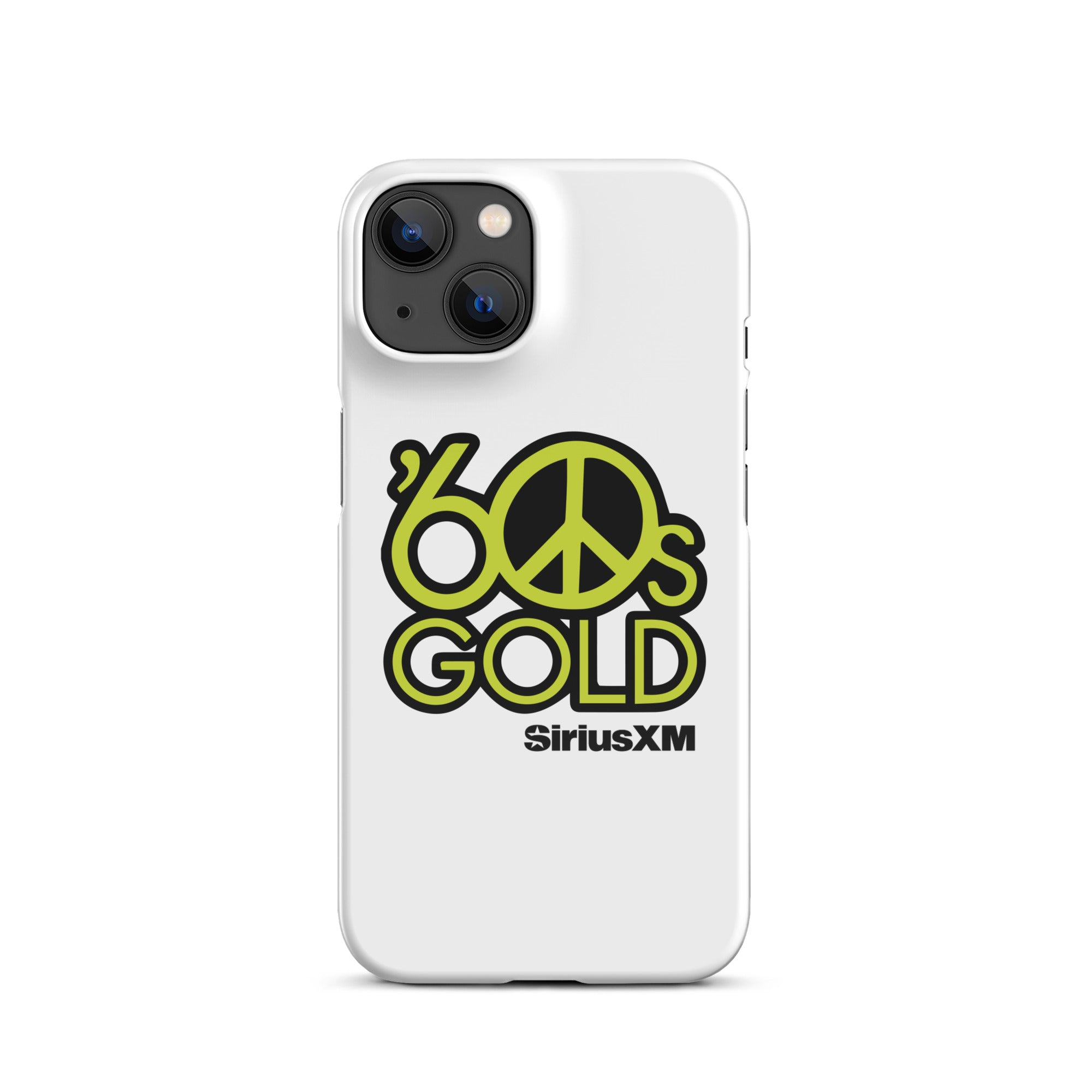 White phone case featuring '60s Gold' logo and peace sign in green, with 'SiriusXM' branding.