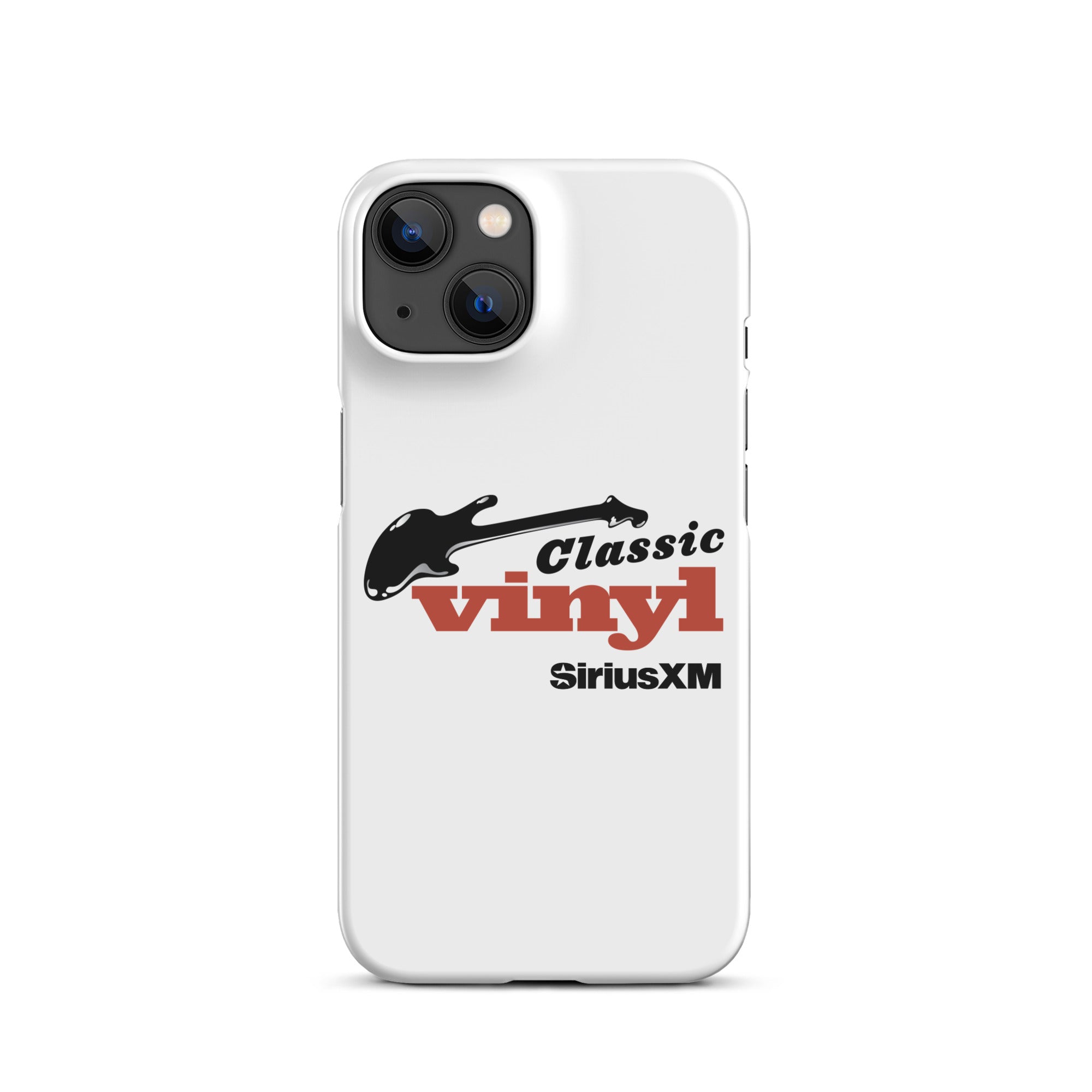 White phone case featuring 'Classic Vinyl' logo and guitar design with 'SiriusXM' branding.