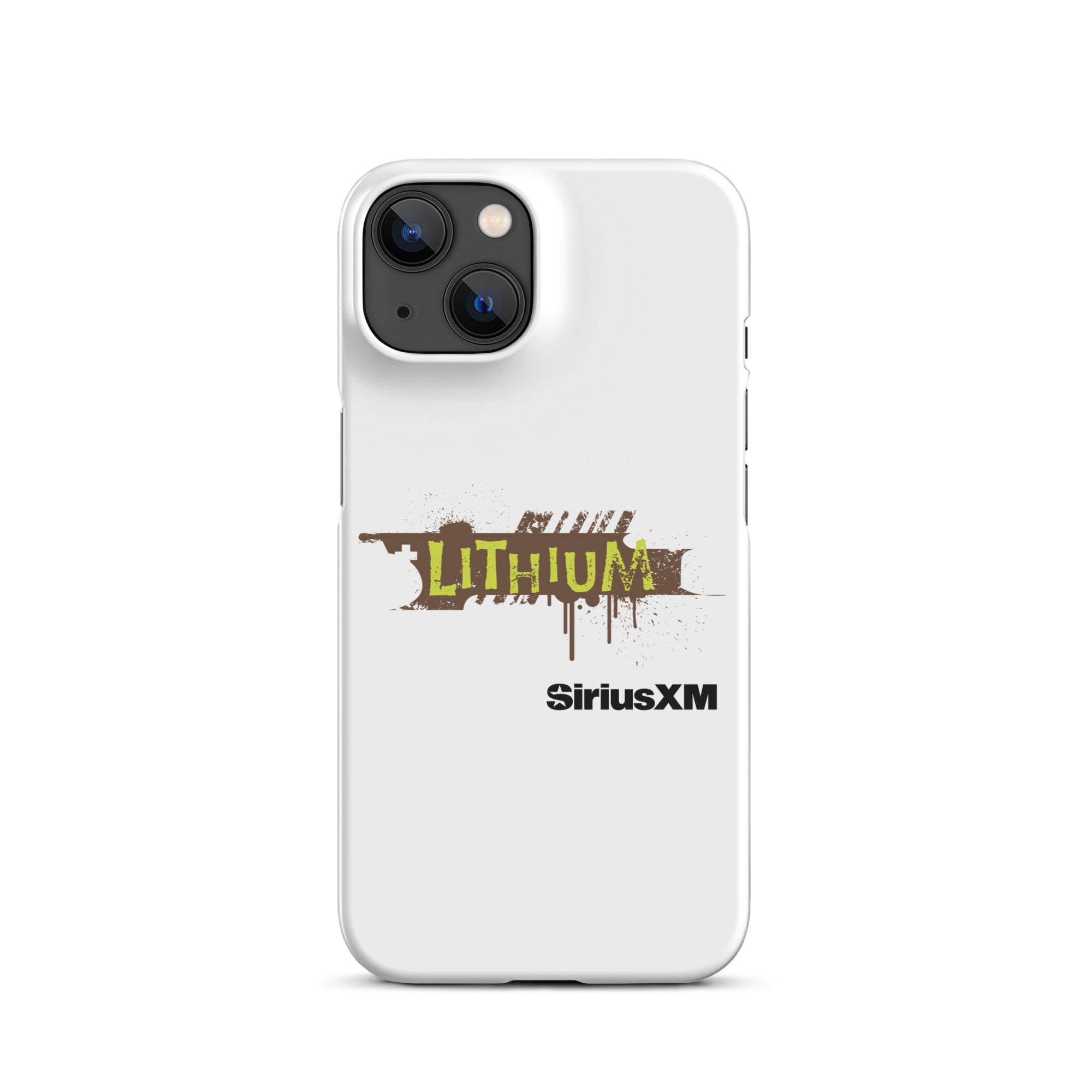 A white phone case featuring the 'LITHIUM' logo in green and brown, with 'SiriusXM' below it.