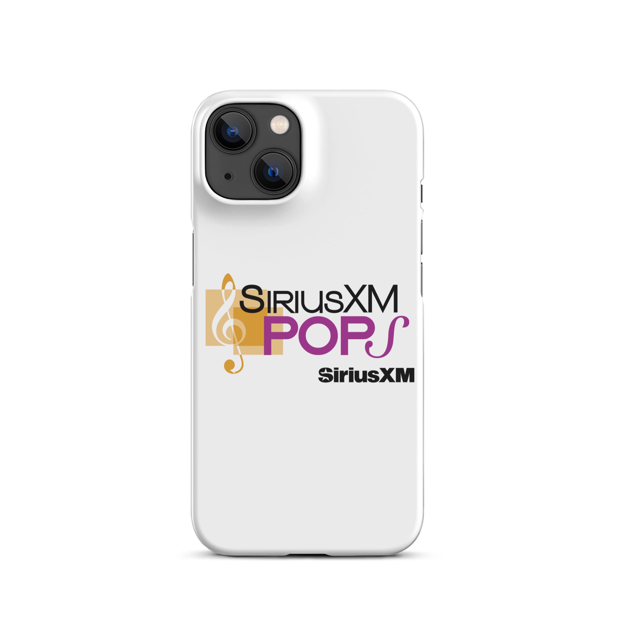 A white phone case featuring the 'SiriusXM POPS' logo in purple with a gold musical note design and 'SiriusXM' branding.