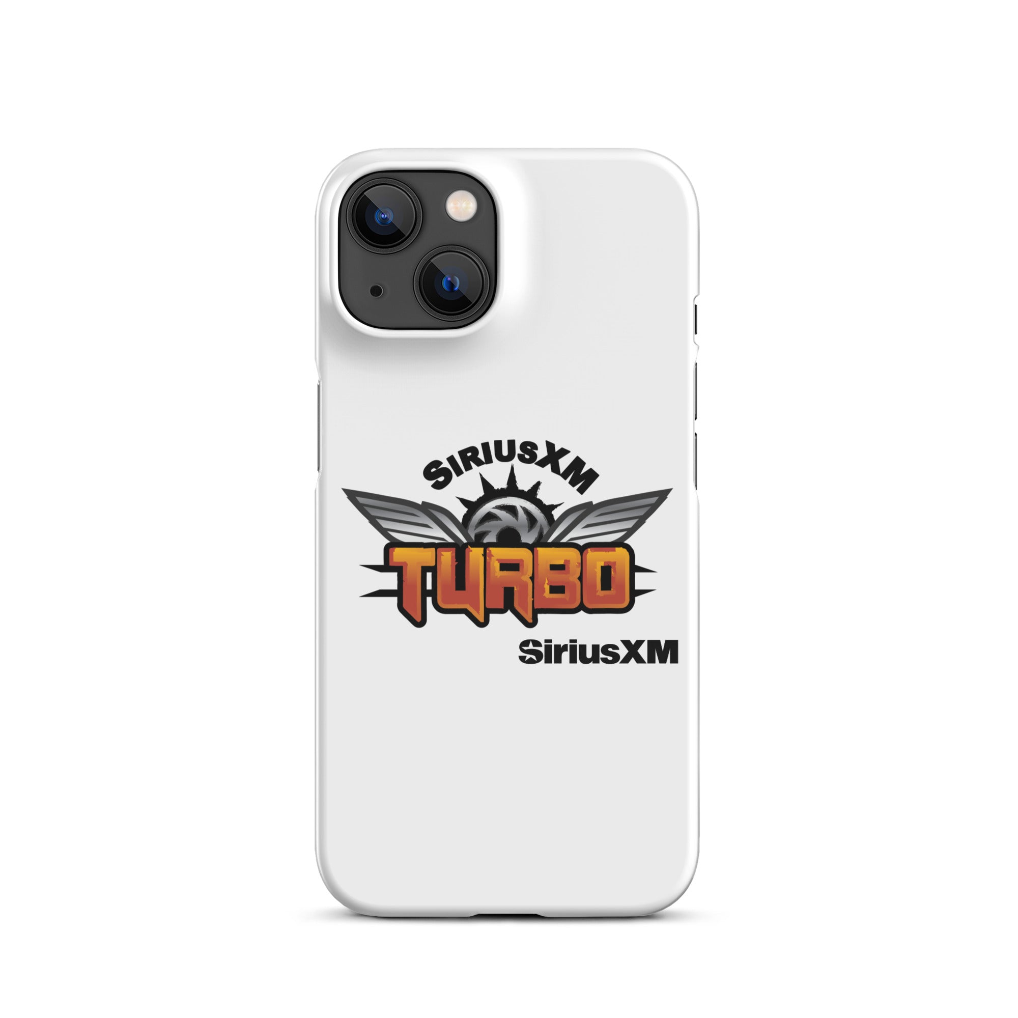 White phone case featuring the 'SiriusXM Turbo' logo in bold orange lettering with wings and 'SiriusXM' branding.