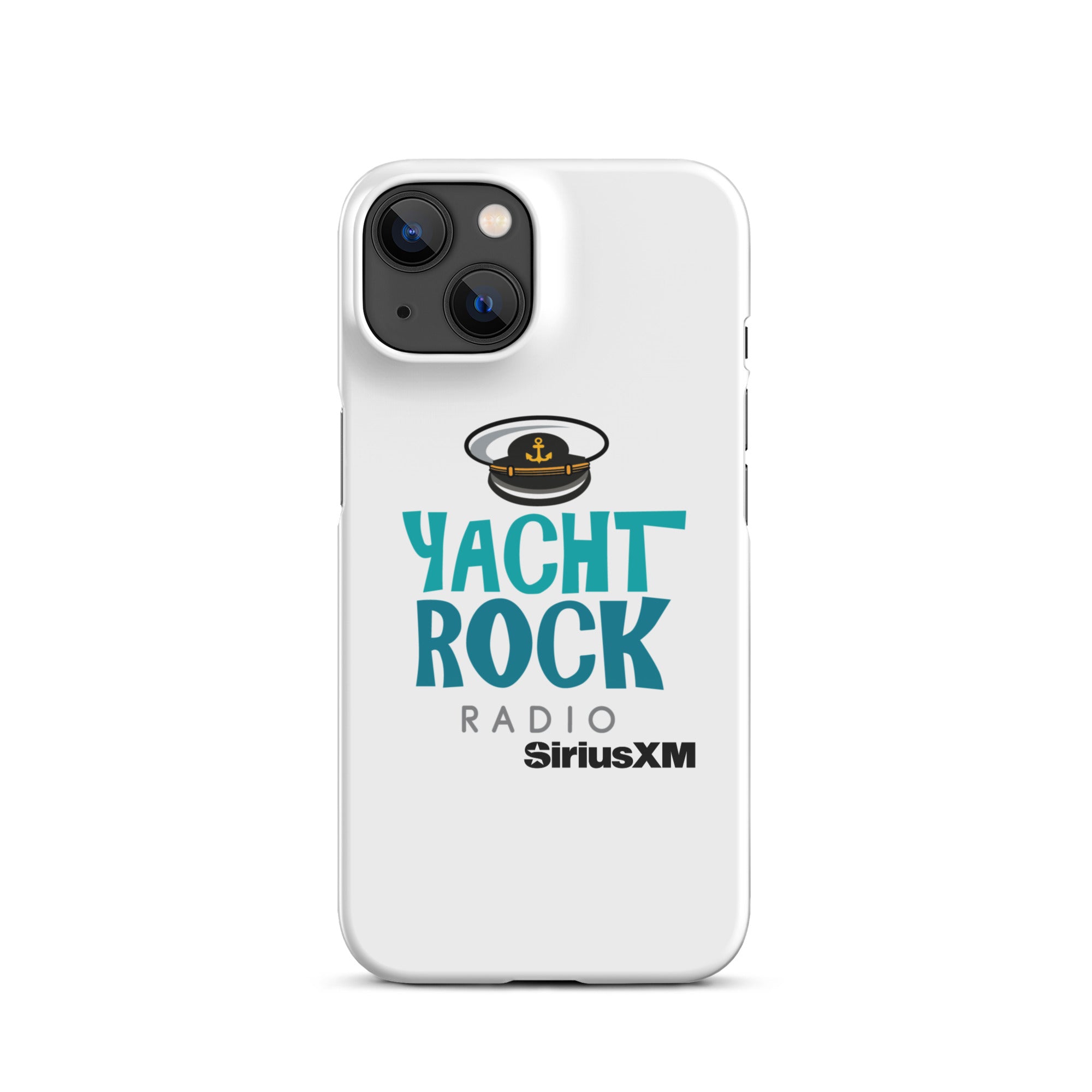 White phone case featuring 'Yacht Rock Radio' logo with a captain's hat and 'SiriusXM' branding.