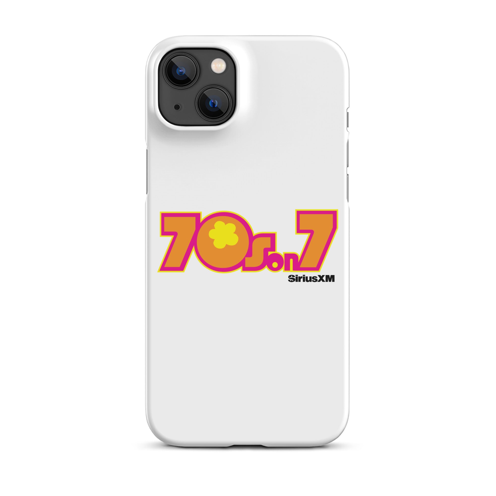 A white phone case featuring a colorful '70s on 7' logo with a flower and the 'SiriusXM' branding.