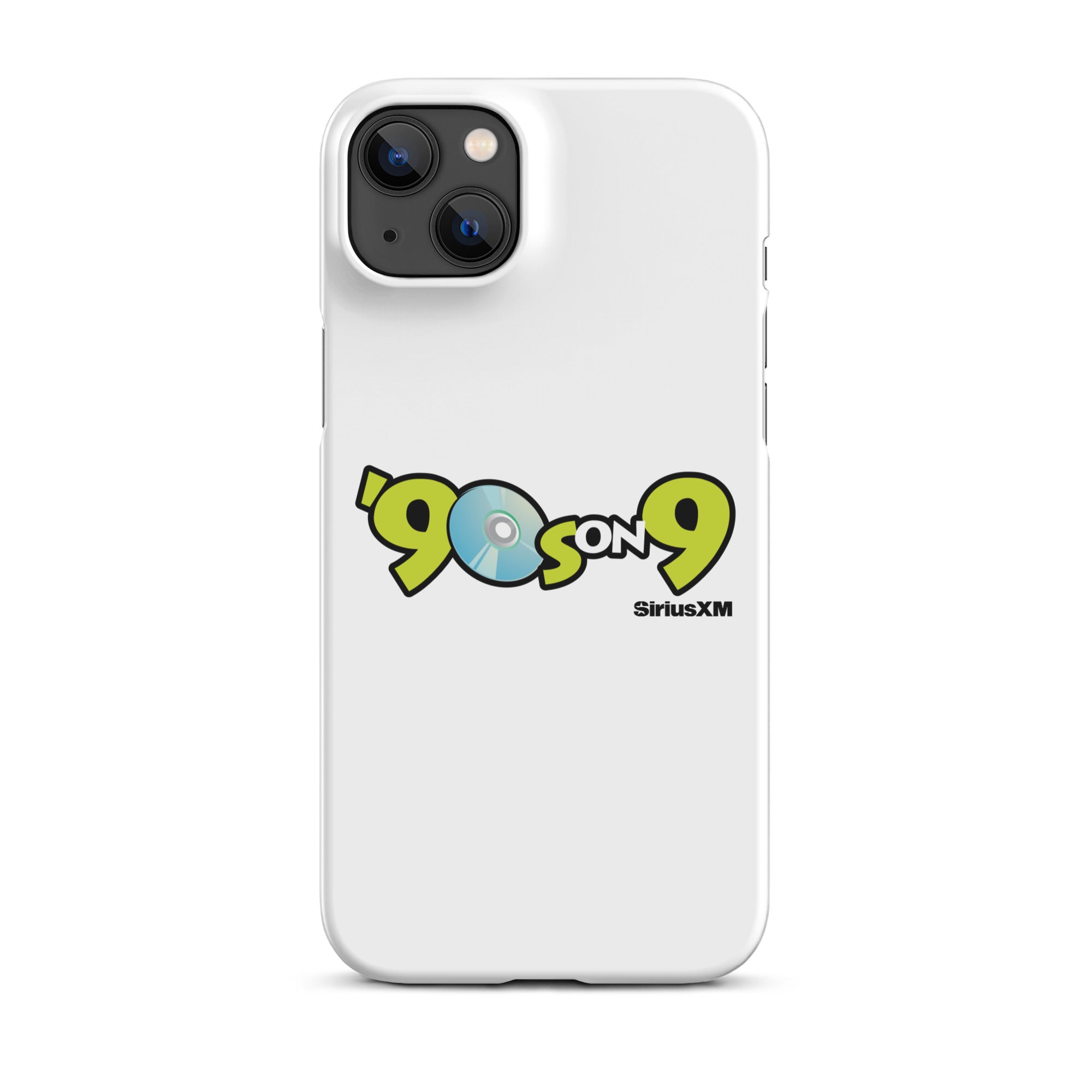 White phone case featuring the '90s on 9' logo with CD graphic and 'SiriusXM' branding.