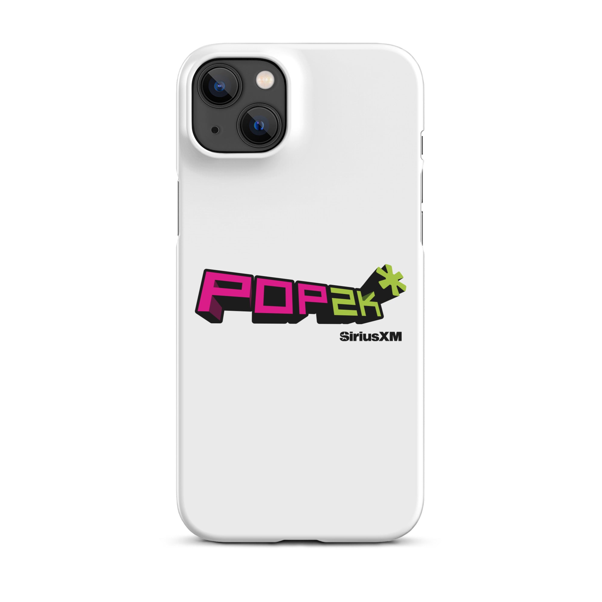 White phone case featuring the 'POP2K' logo in vibrant pink and green colors with 'SiriusXM' branding.