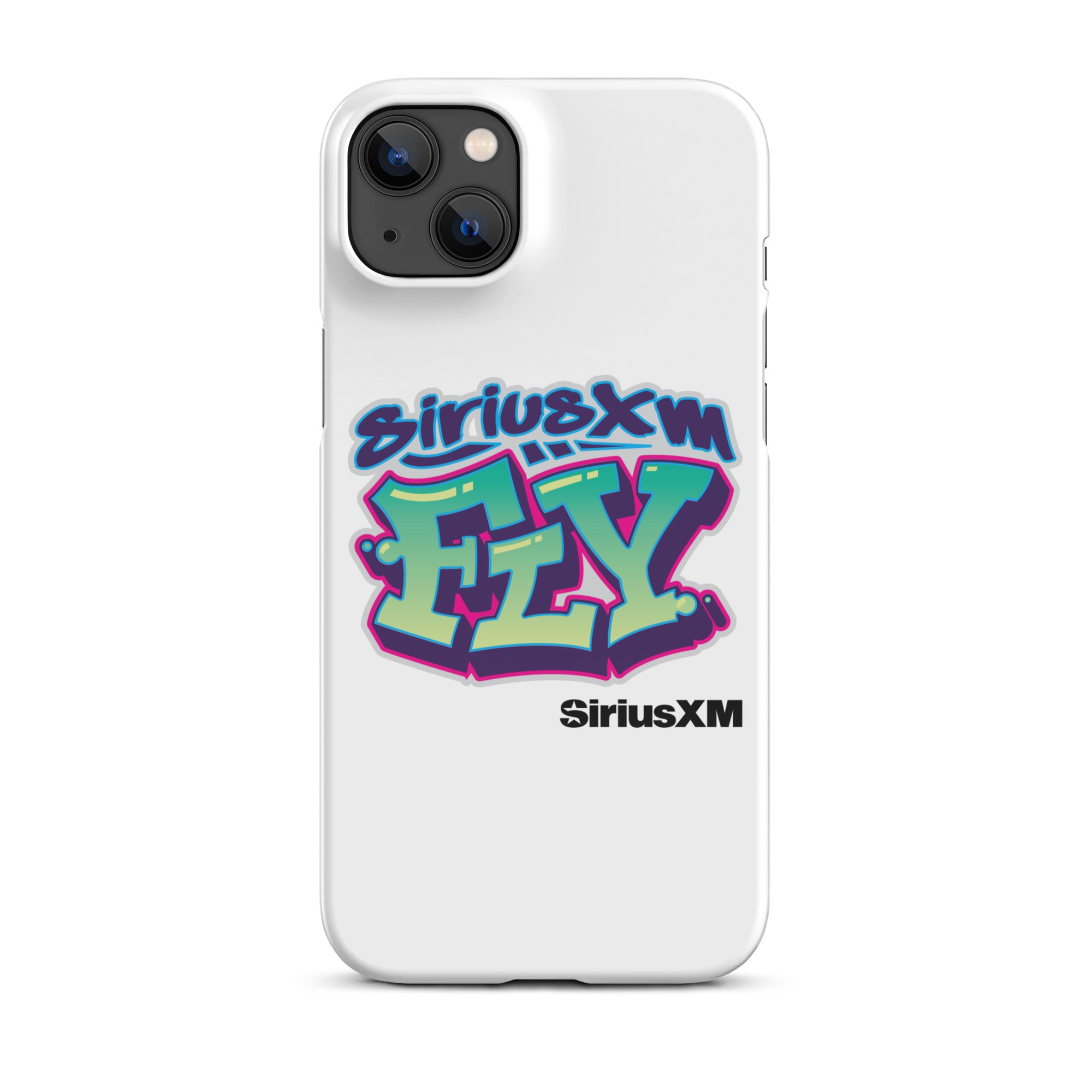 White phone case featuring colorful graffiti-style text: 'SiriusXM FLY' with 'SiriusXM' branding below.