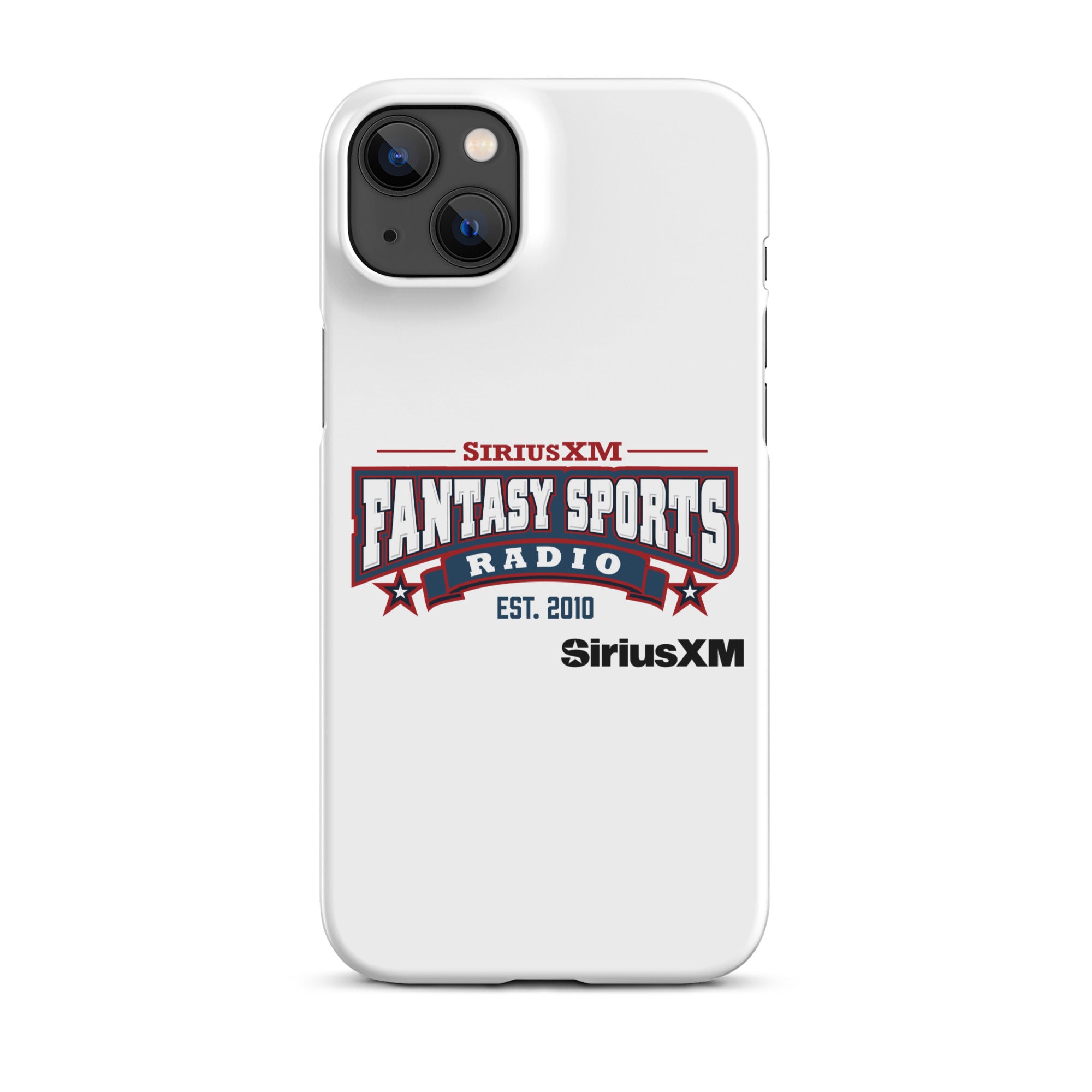 White phone case featuring the 'SiriusXM Fantasy Sports Radio Established 2010' logo with stars, banners and black 'SiriusXM' branding underneath.