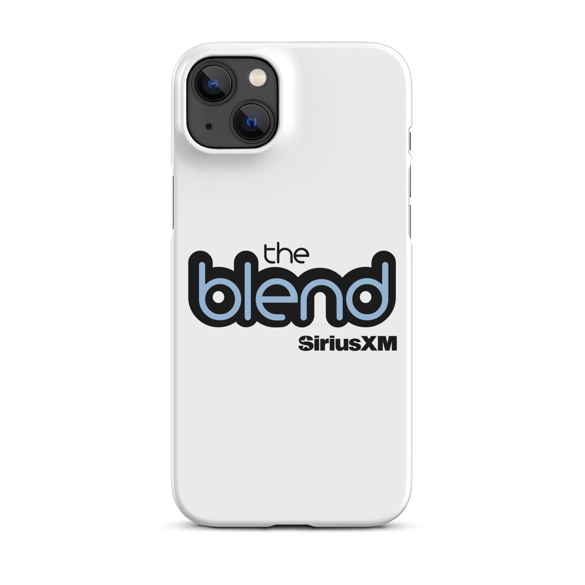 White phone case featuring the logo 'the blend' in black and blue and the 'SiriusXM' logo.