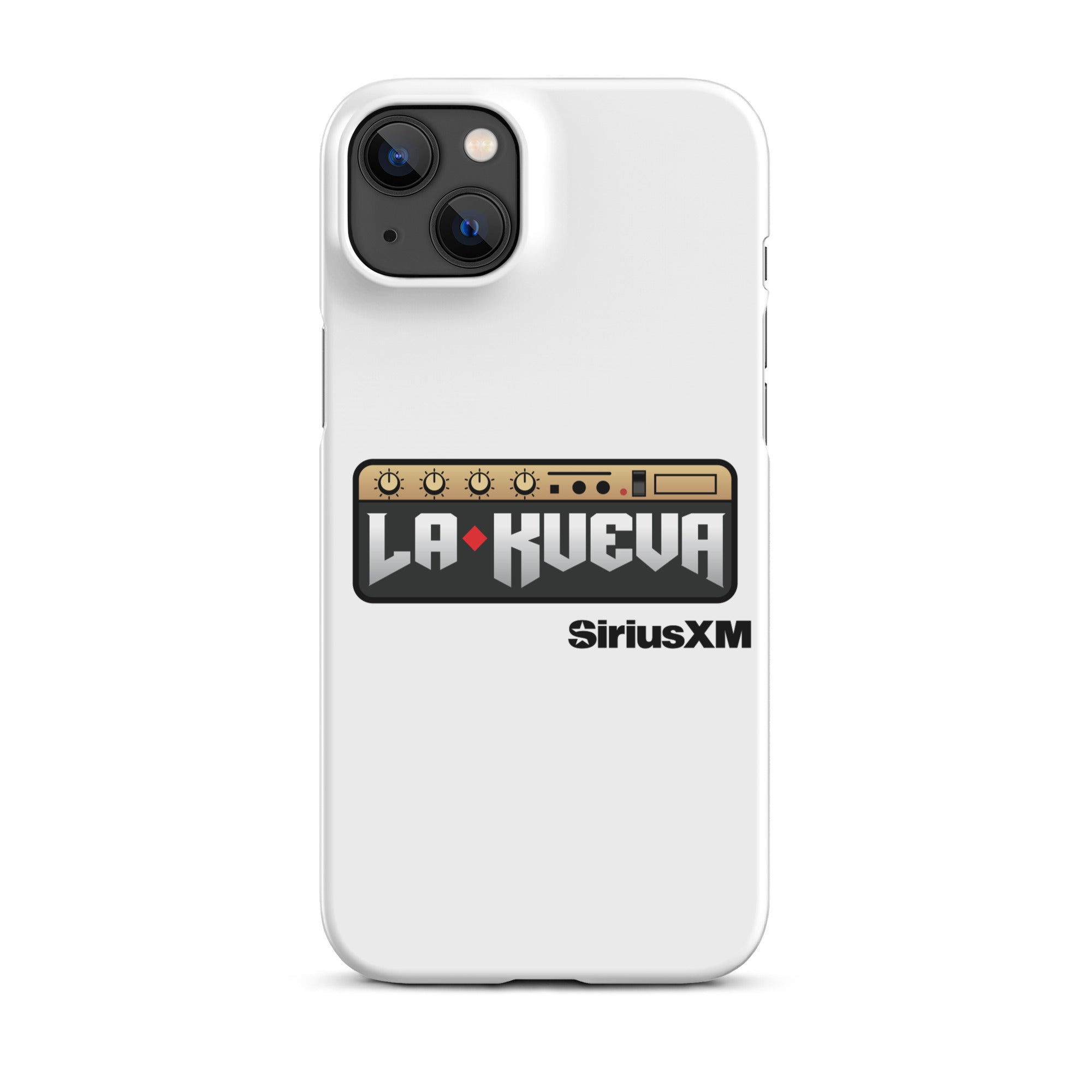 White phone case featuring 'LA KUEVA' and 'SiriusXM' logo with a graphic design resembling a sound mixer.