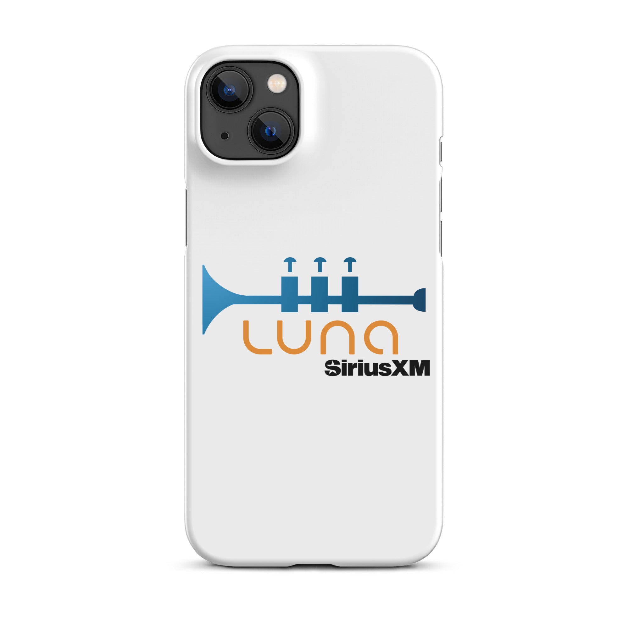 White phone case featuring a blue trumpet graphic in the orange 'LUNA' logo and 'SiriusXM' branding.