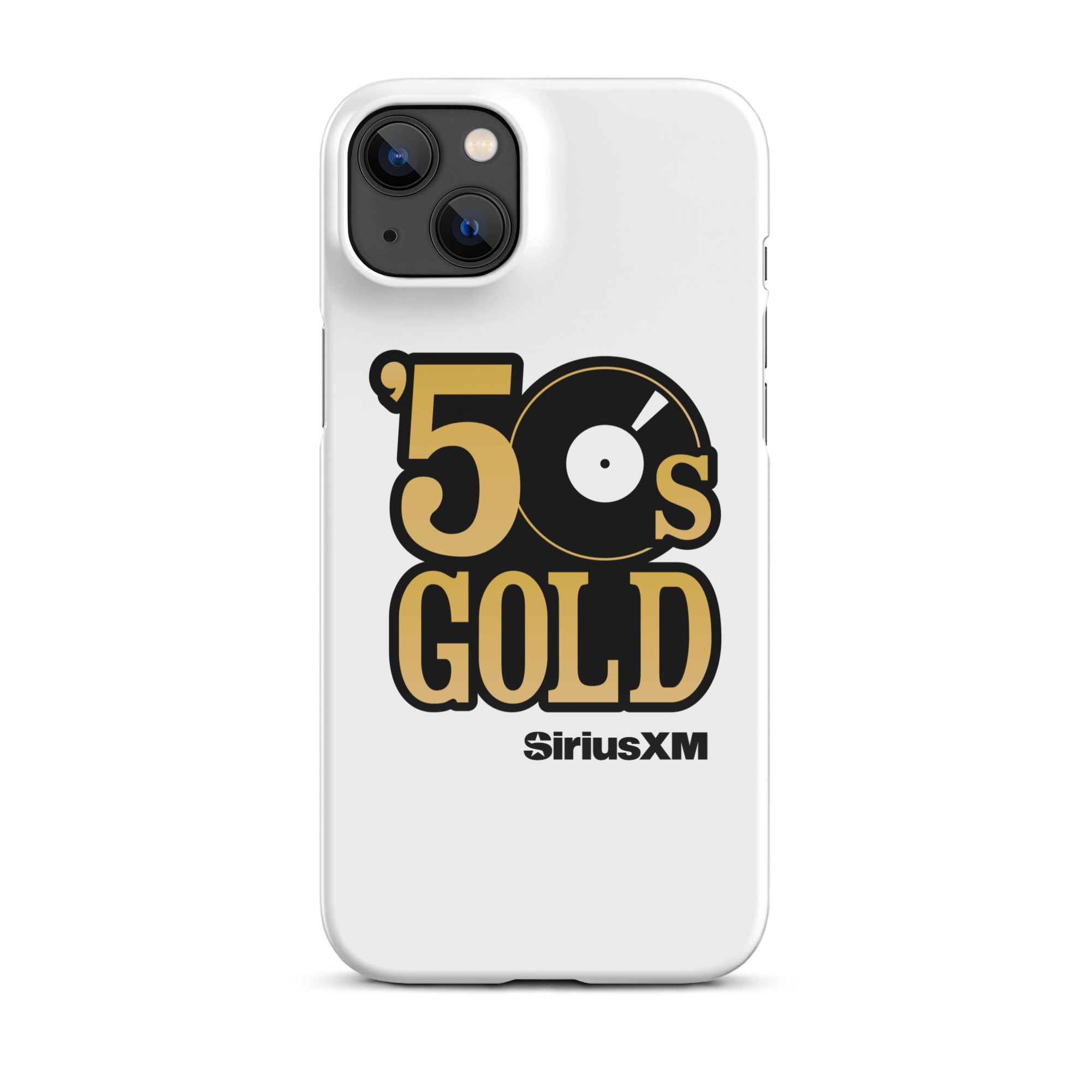 White phone case featuring '50s GOLD' logo with a record icon and 'SiriusXM' branding.