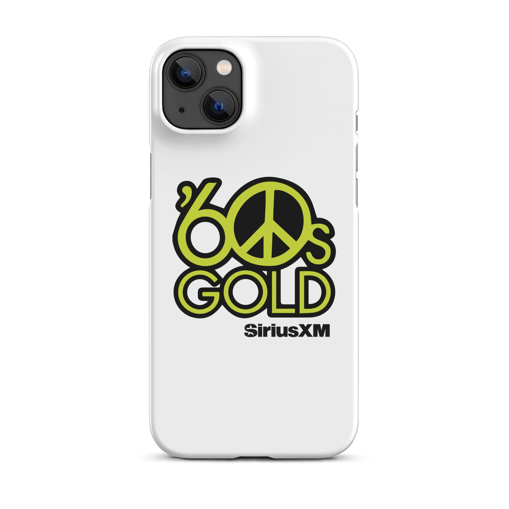 White phone case featuring '60s Gold' logo and peace sign in green, with 'SiriusXM' branding.