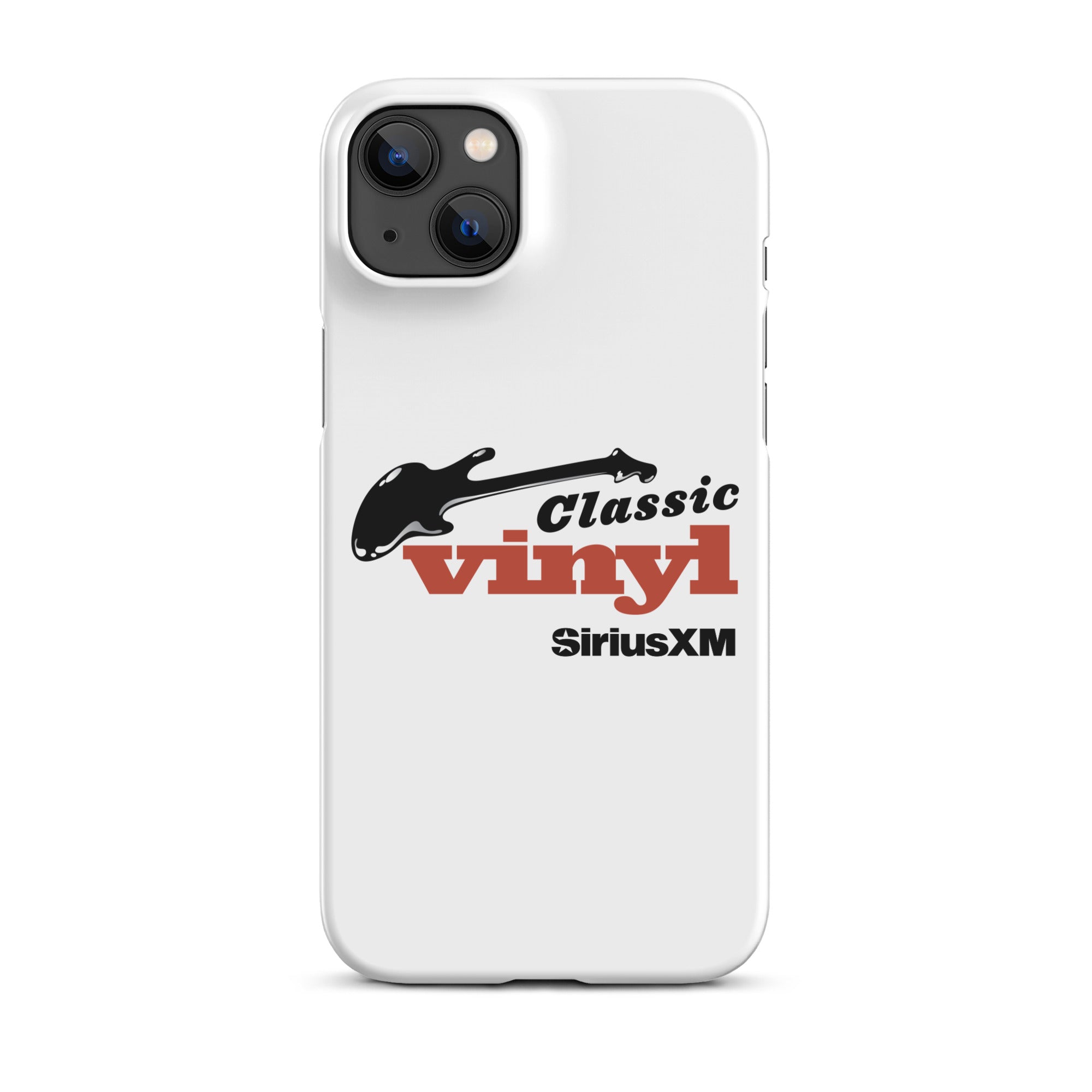 White phone case featuring 'Classic Vinyl' logo and guitar design with 'SiriusXM' branding.