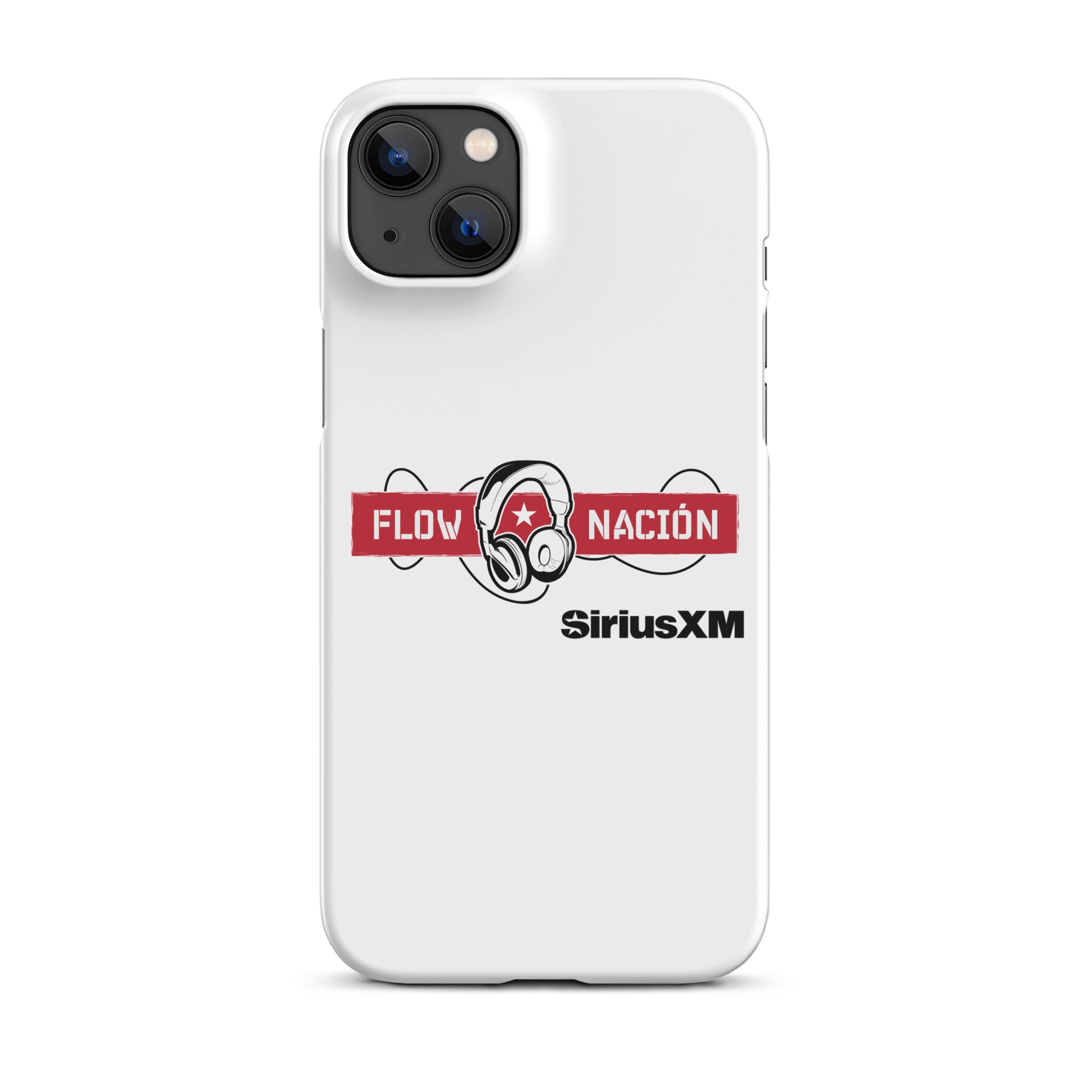 White phone case featuring 'FLOW NACION' with headphones logo and 'SiriusXM' branding.