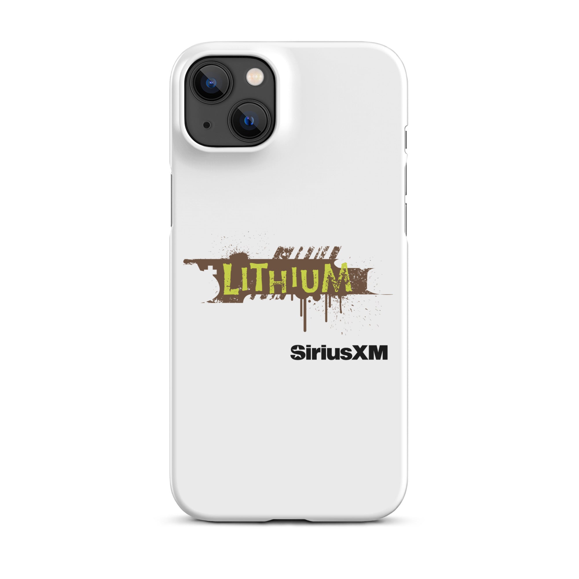 A white phone case featuring the 'LITHIUM' logo in green and brown, with 'SiriusXM' below it.