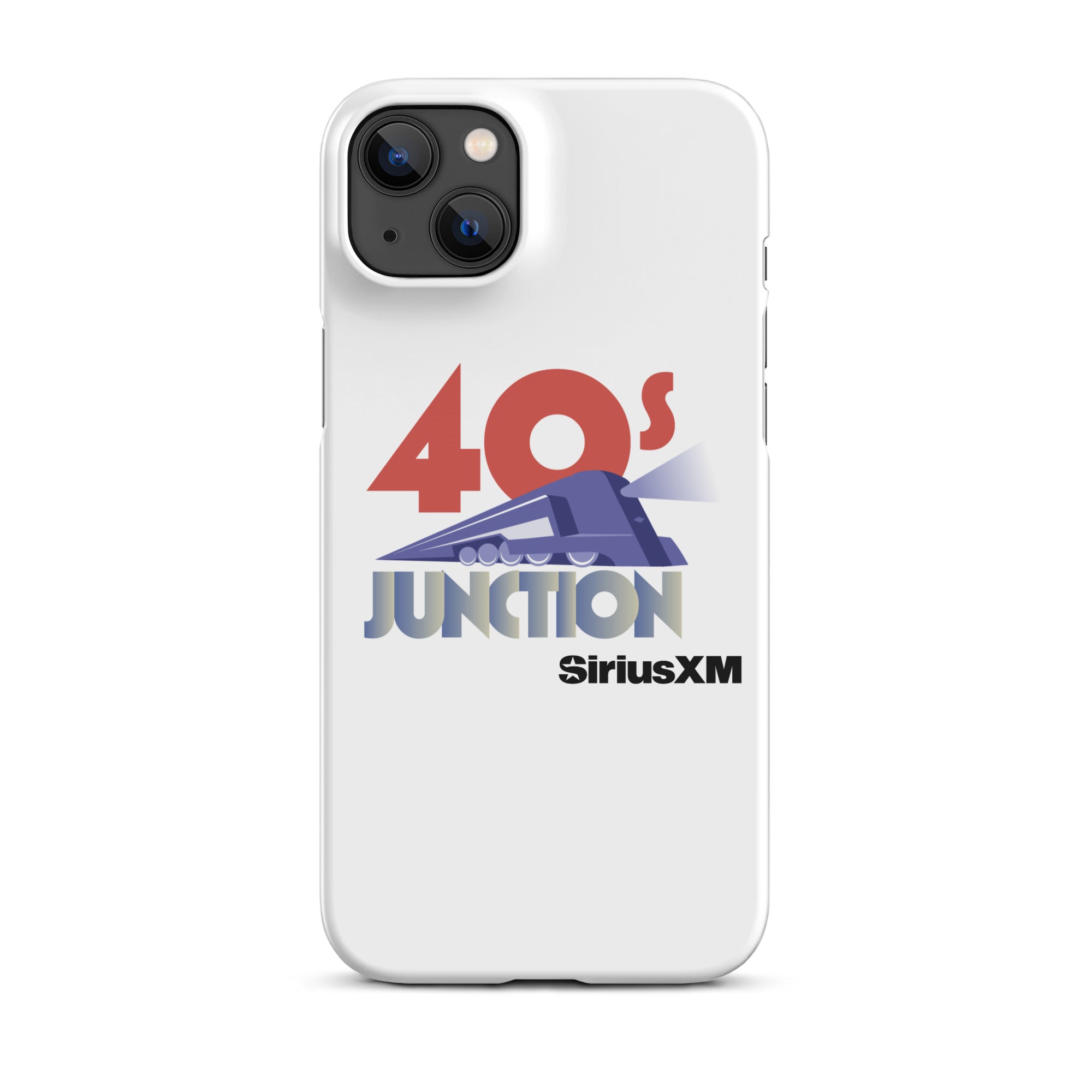 White phone case featuring the text '40s Junction' and a blue train graphic, with 'SiriusXM' logo below.