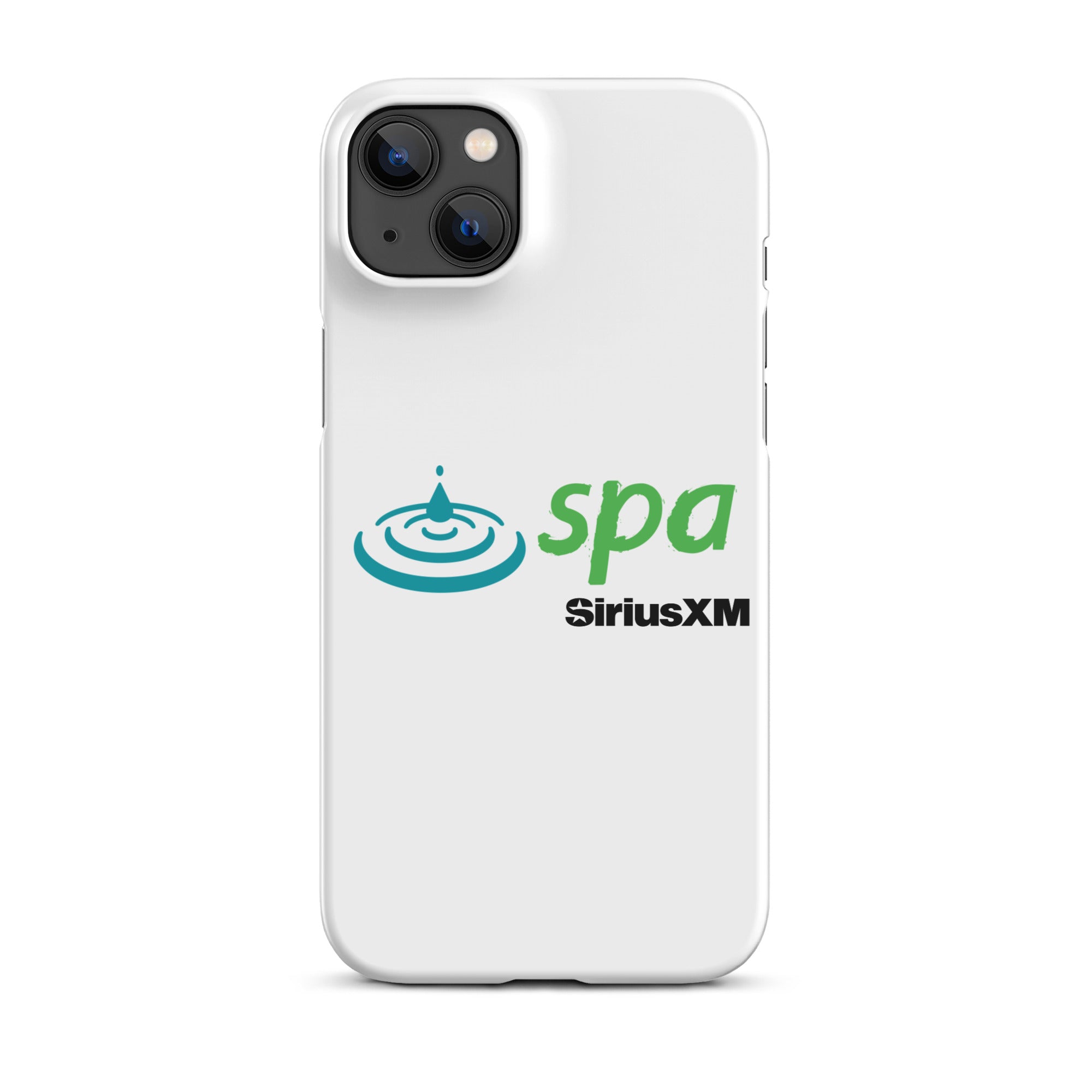 A white phone case featuring the 'spa' logo with a water droplet and ripple design and 'SiriusXM' branding underneath.