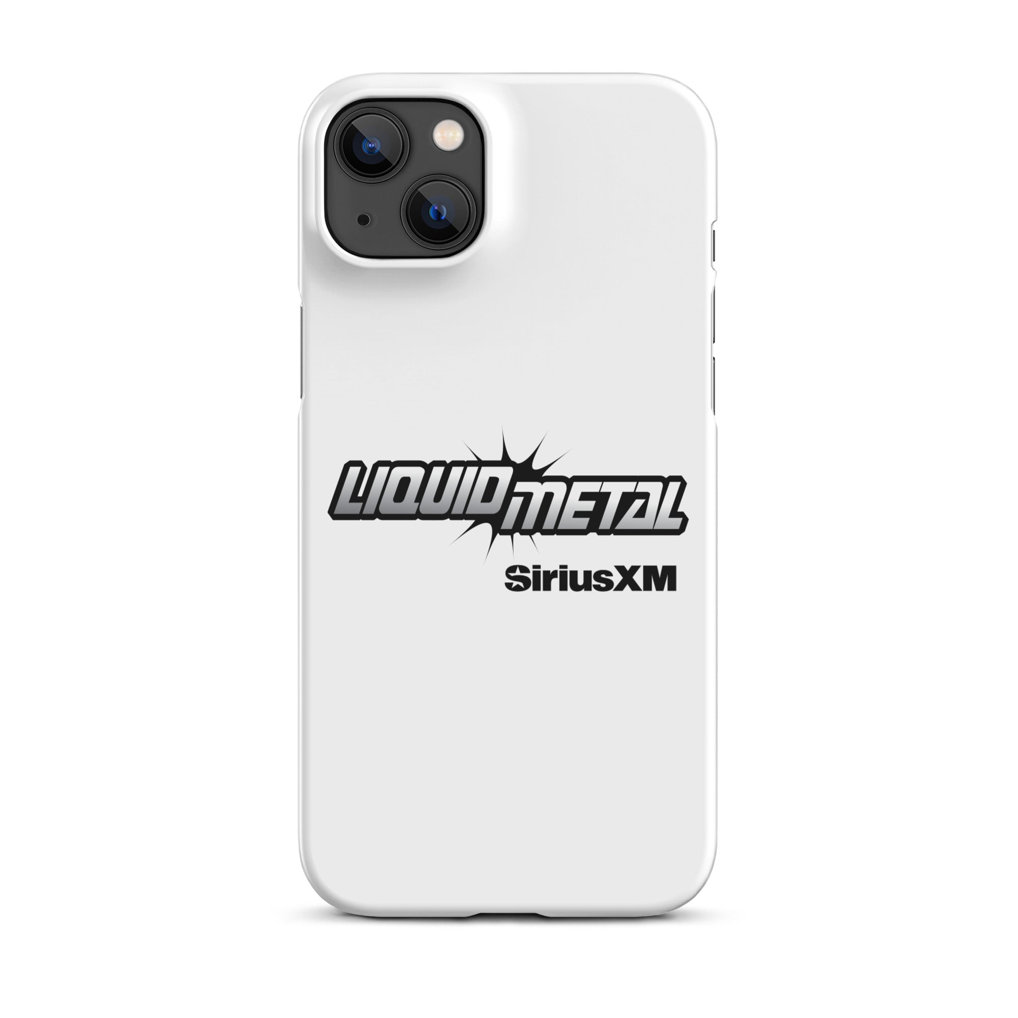 White phone case featuring the 'LIQUID METAL' logo with 'SiriusXM' underneath in a bold design.