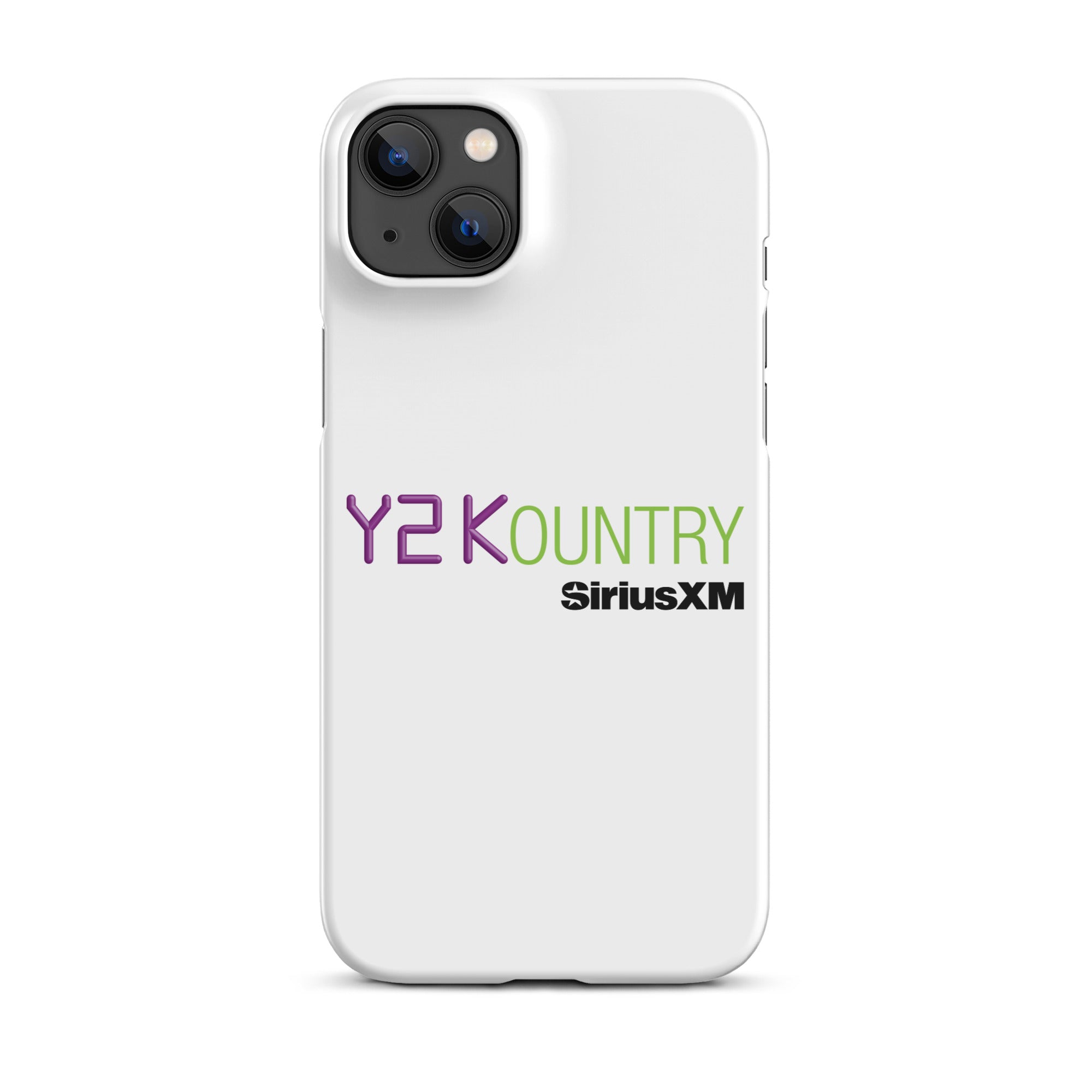 White phone case featuring the text 'Y2KOUNTRY' and 'SiriusXM' in purple and green.