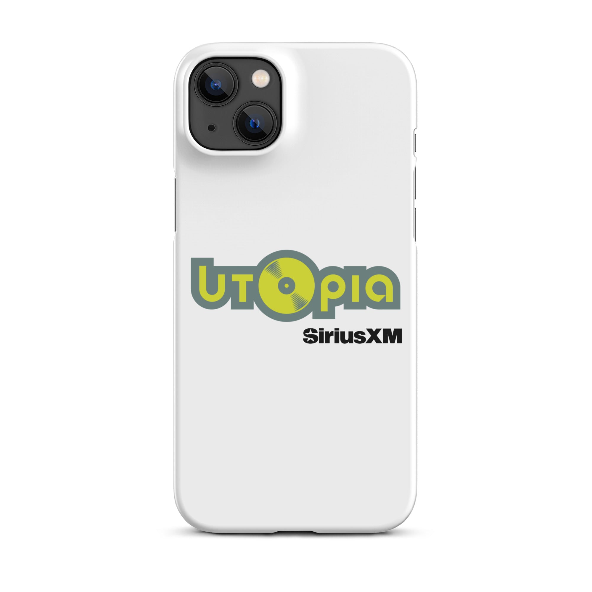 White phone case featuring the logo 'Utopia' with a vinyl record and 'SiriusXM' text.