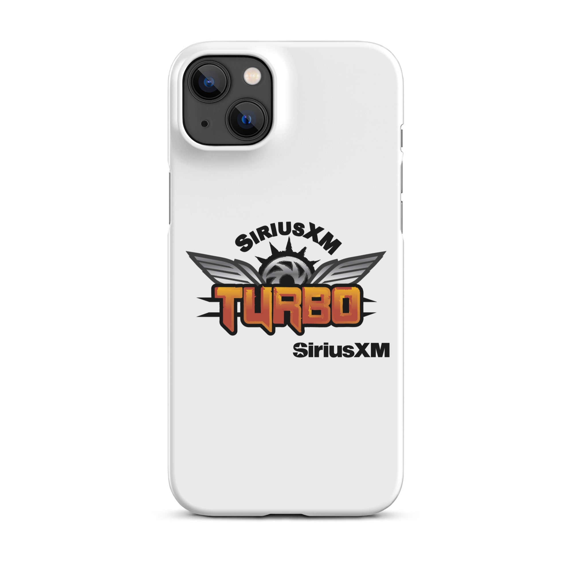 White phone case featuring the 'SiriusXM Turbo' logo in bold orange lettering with wings and 'SiriusXM' branding.