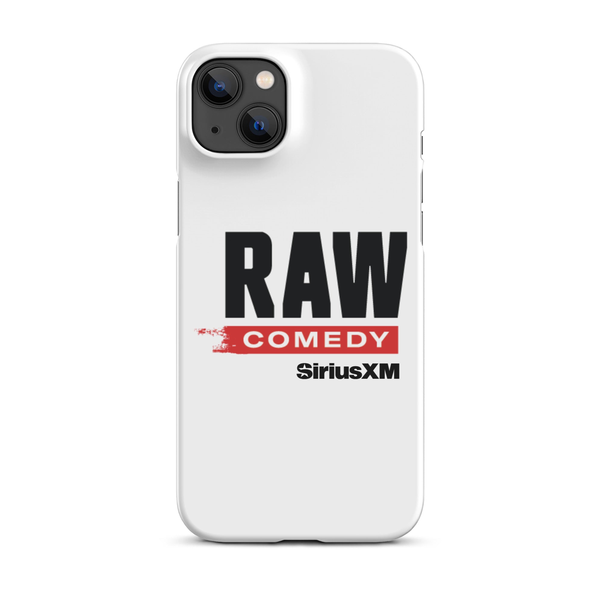 White phone case featuring the text 'RAW COMEDY' and the 'SiriusXM' logo.