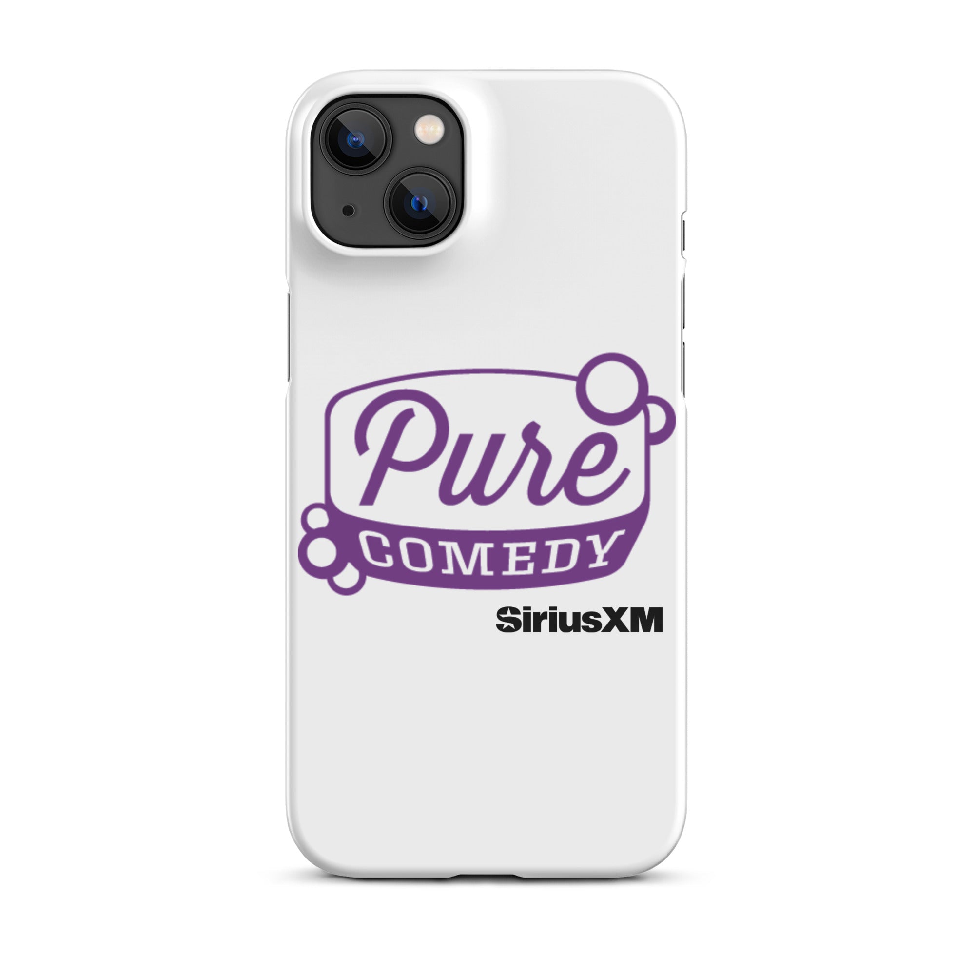 White phone case featuring 'Pure Comedy' in purple and 'SiriusXM' logo.