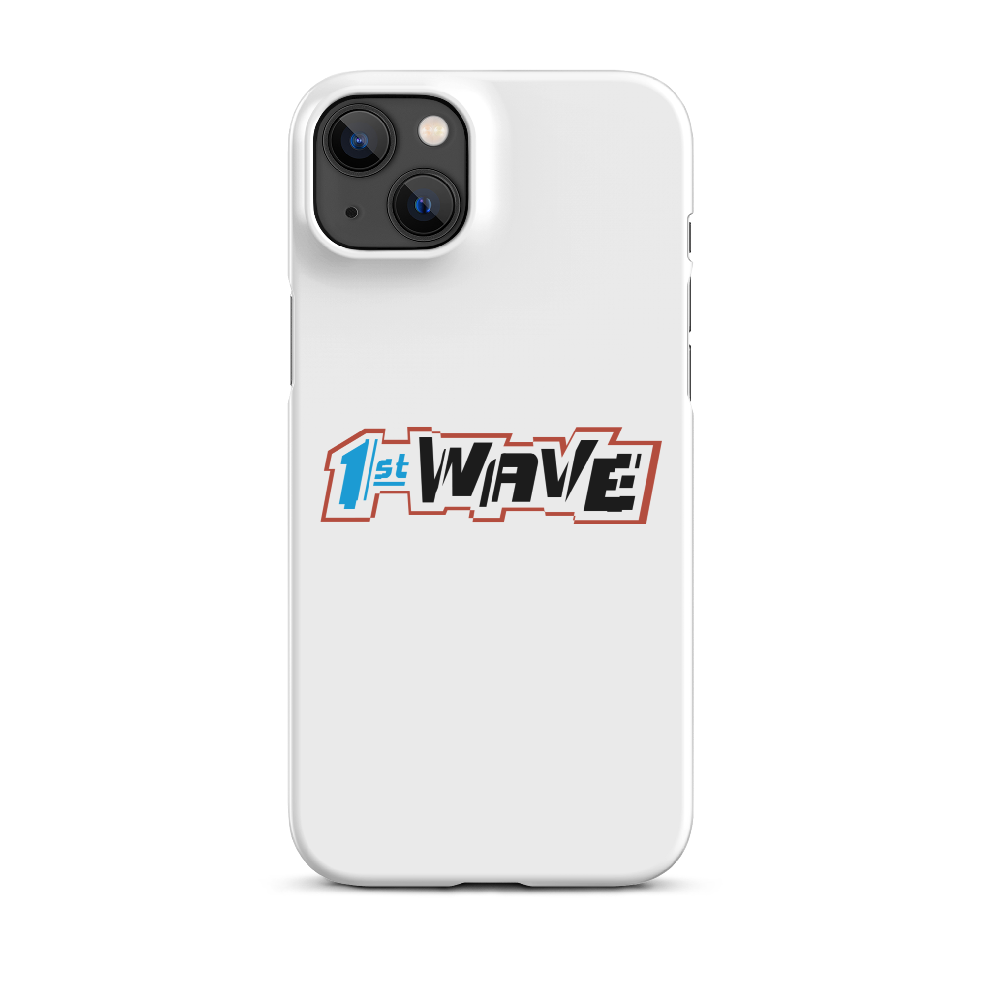 White phone case featuring the text '1st WAVE' in bold, colorful typography on a black background.