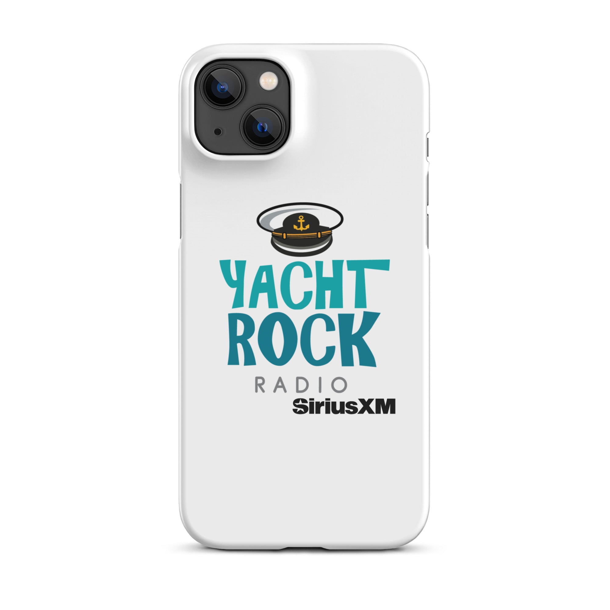 White phone case featuring 'Yacht Rock Radio' logo with a captain's hat and 'SiriusXM' branding.