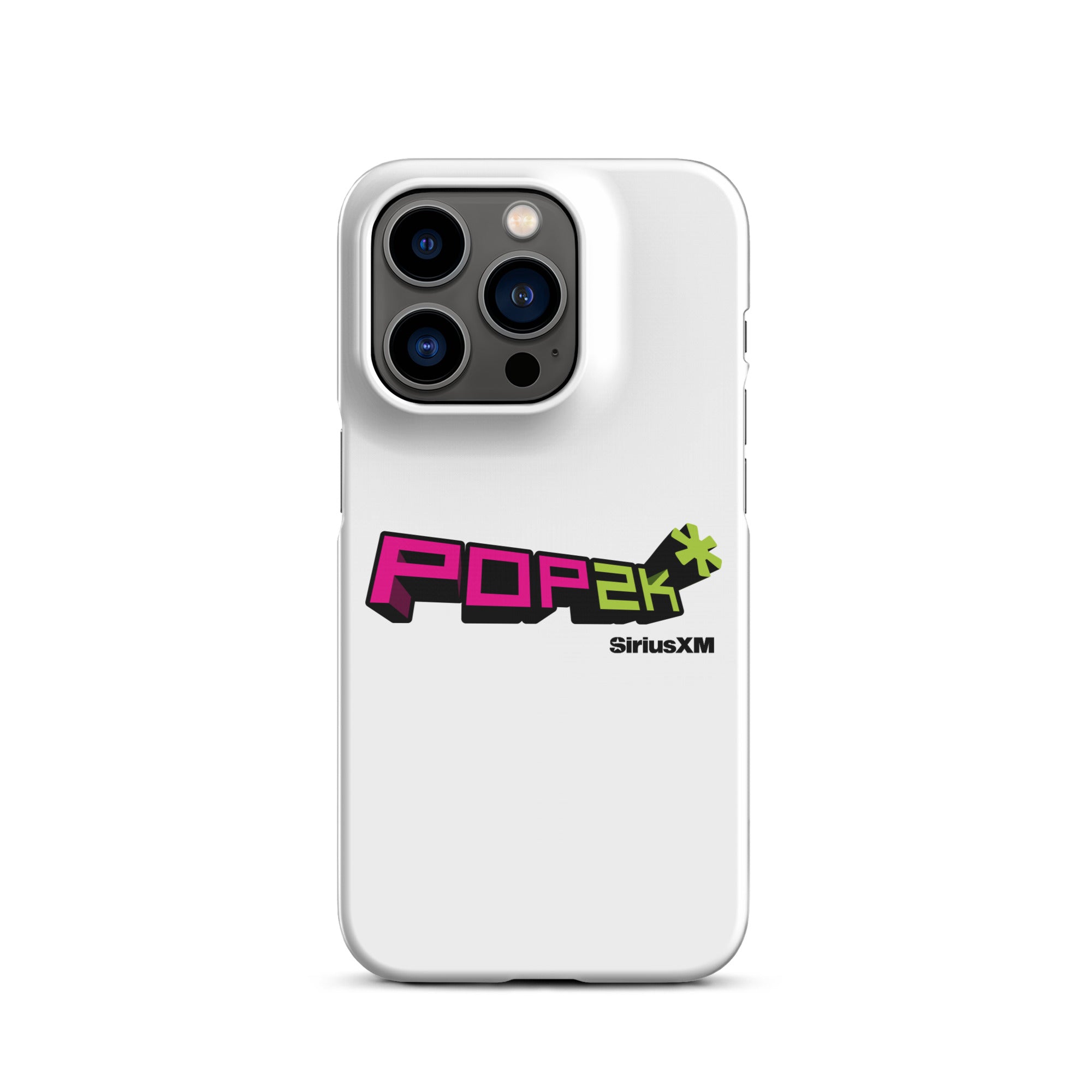 White phone case featuring the 'POP2K' logo in vibrant pink and green colors with 'SiriusXM' branding.