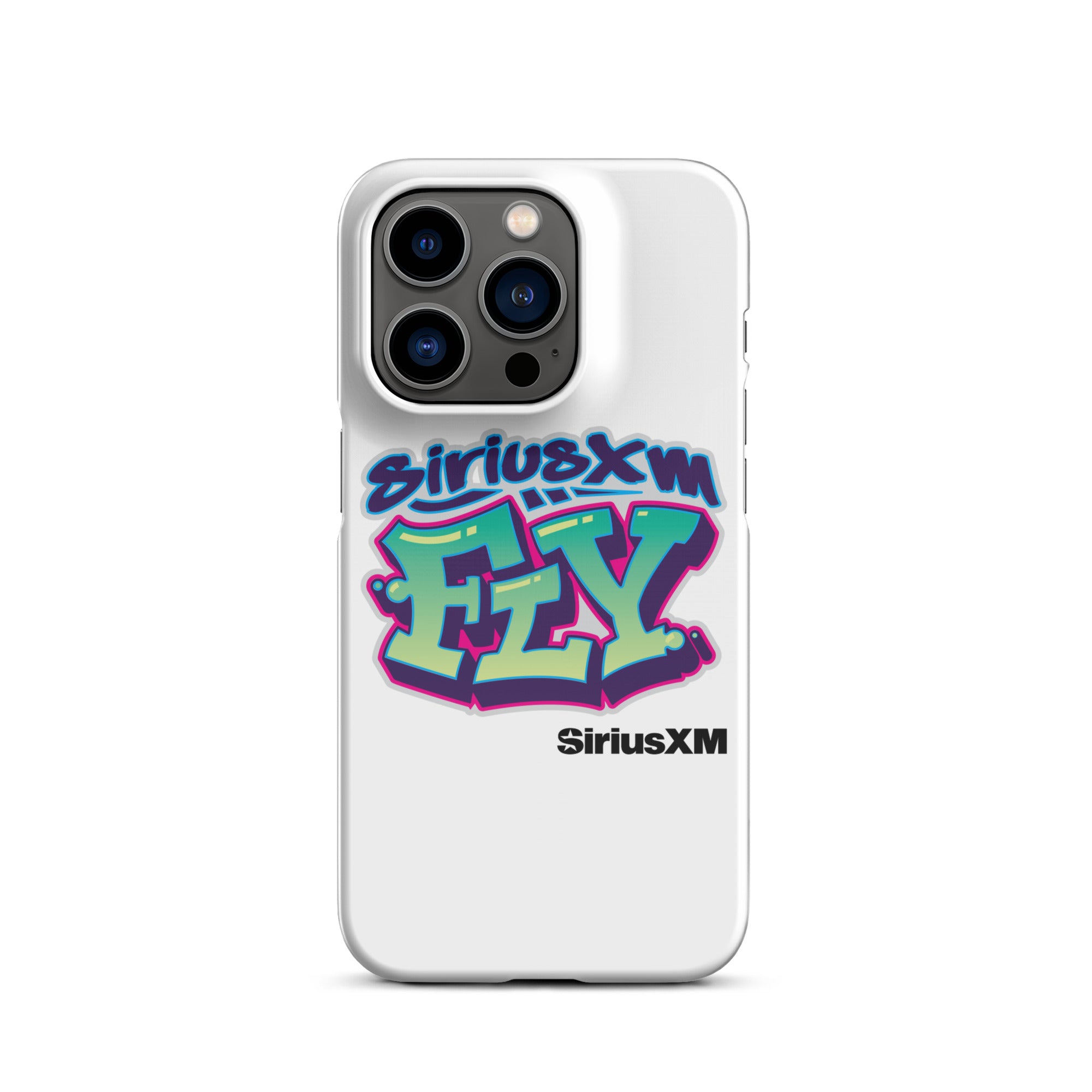 White phone case featuring colorful graffiti-style text: 'SiriusXM FLY' with 'SiriusXM' branding below.