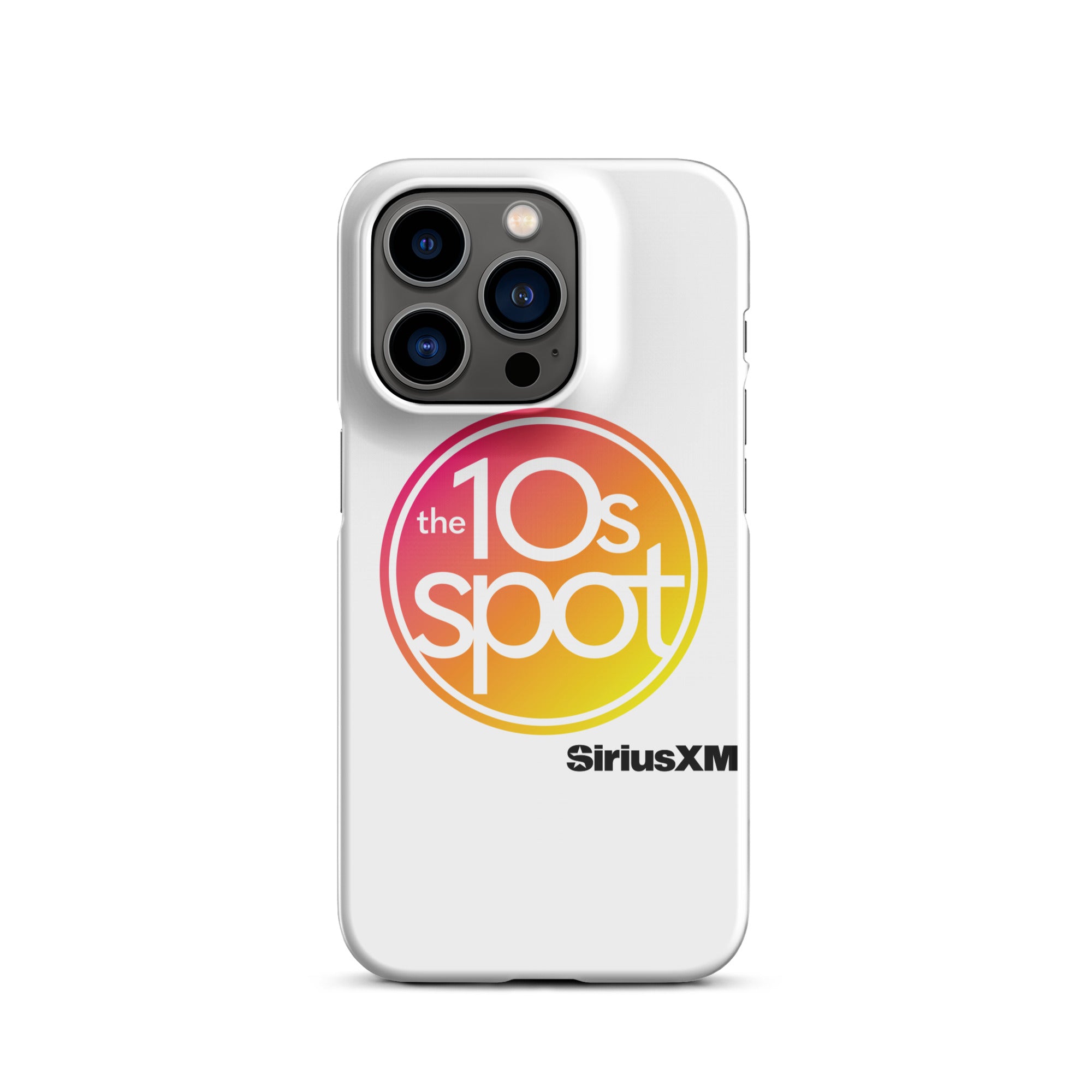 A white phone case featuring 'the 10s Spot' logo with vibrant colors and 'SiriusXM' branding.