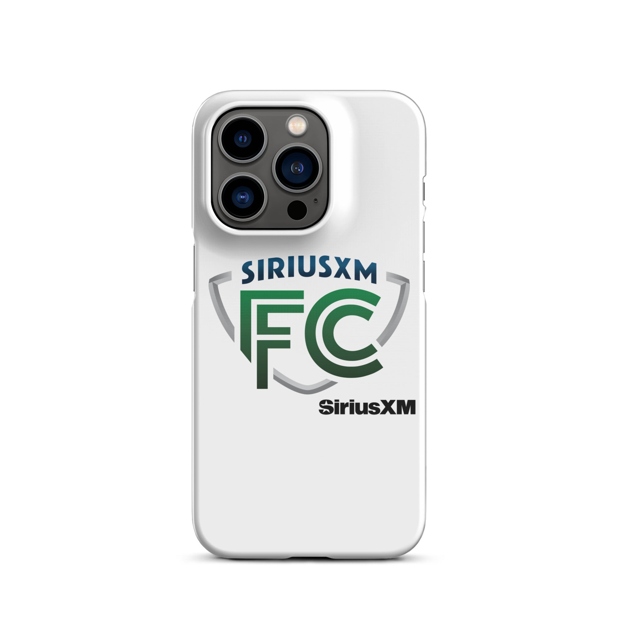 White phone case featuring the 'SiriusXM FC' logo in green and gray with 'SiriusXM' branding in black.