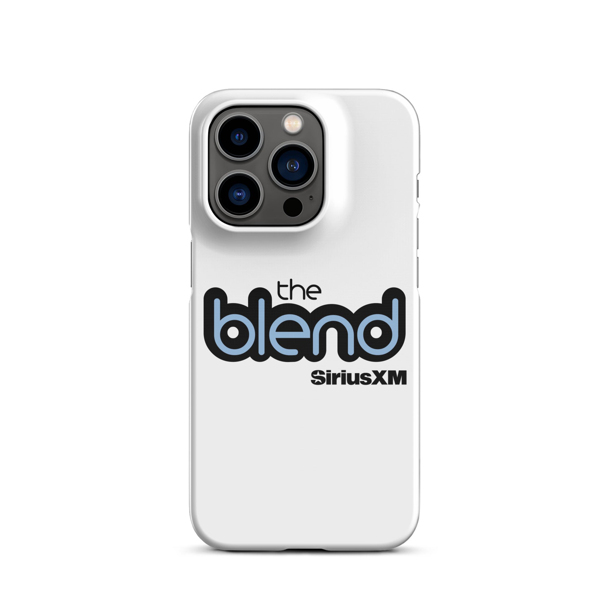 White phone case featuring the logo 'the blend' in black and blue and the 'SiriusXM' logo.