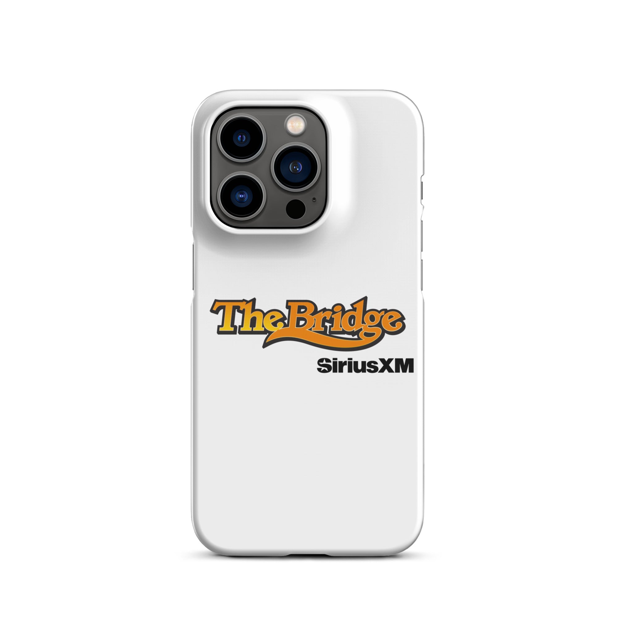 White phone case featuring the logos for 'The Bridge' and 'SiriusXM.'