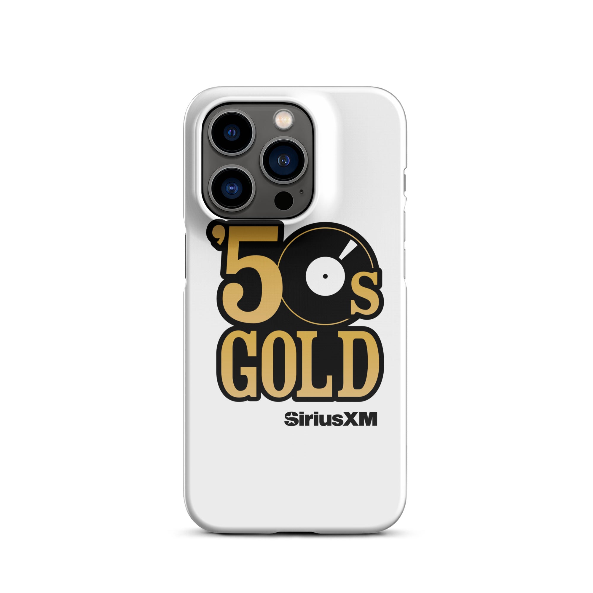 White phone case featuring '50s GOLD' logo with a record icon and 'SiriusXM' branding.