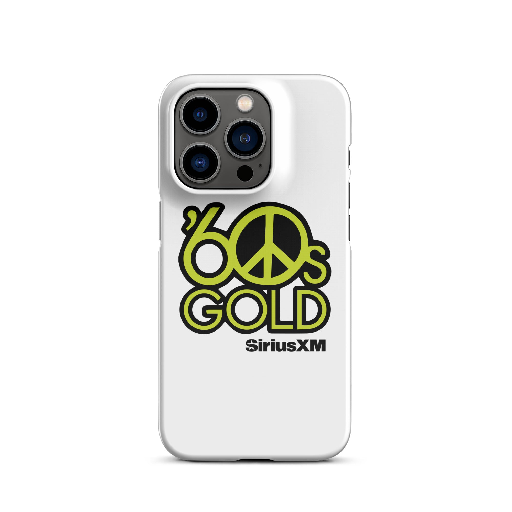 White phone case featuring '60s Gold' logo and peace sign in green, with 'SiriusXM' branding.