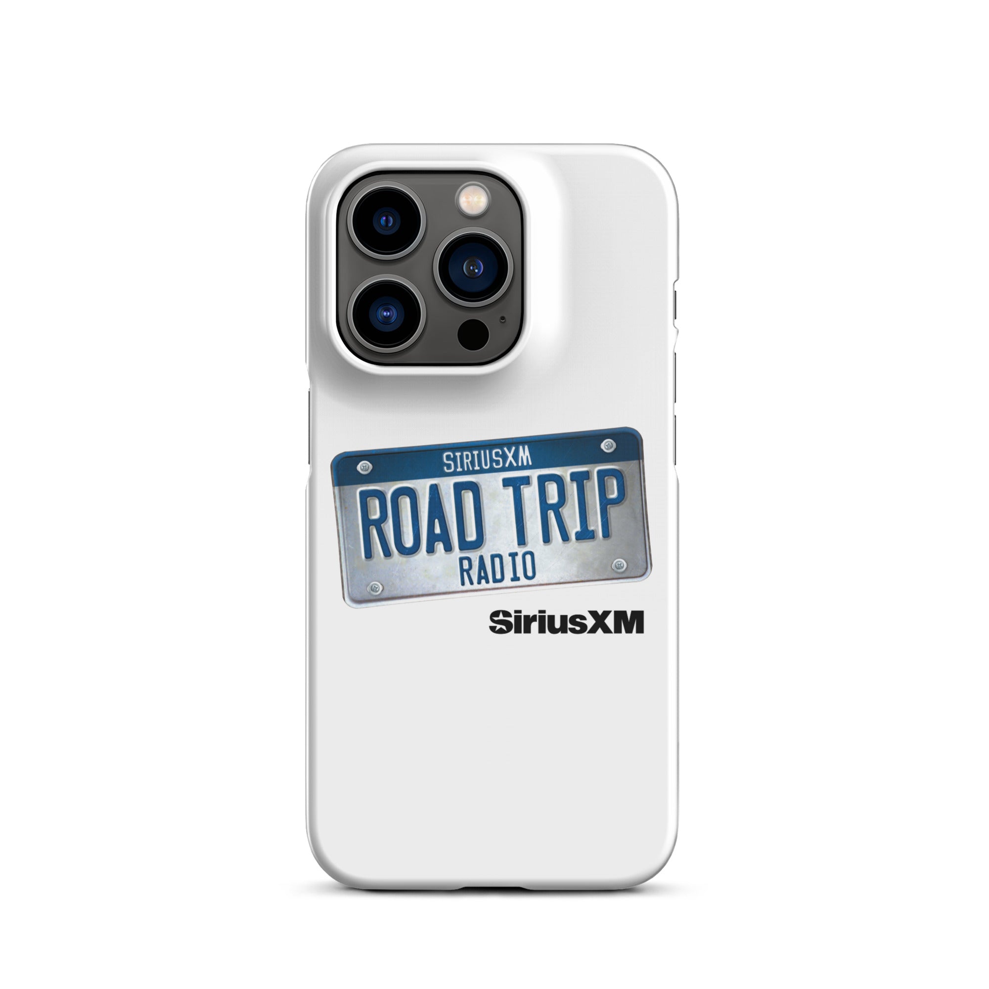 White phone case featuring a license plate design with 'ROAD TRIP RADIO' logo and 'SiriusXM' branding.