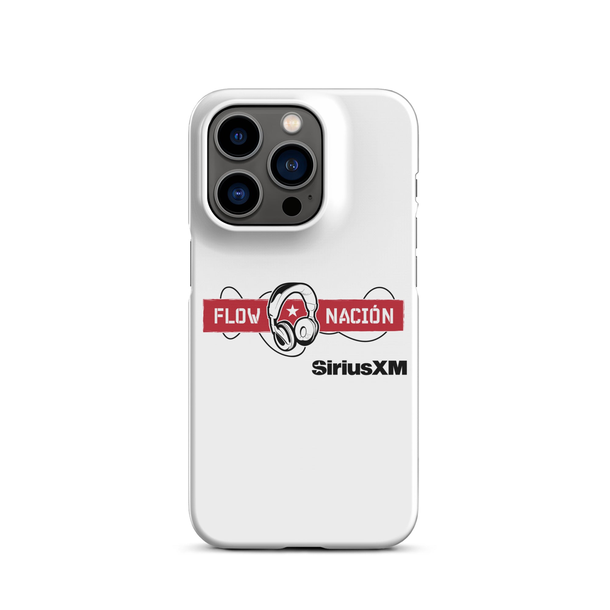 White phone case featuring 'FLOW NACION' with headphones logo and 'SiriusXM' branding.